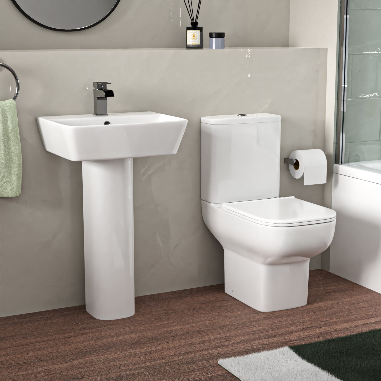White 500mm Square Basin L-Shaped LH Bath Shower Panel Toilet Tap Set