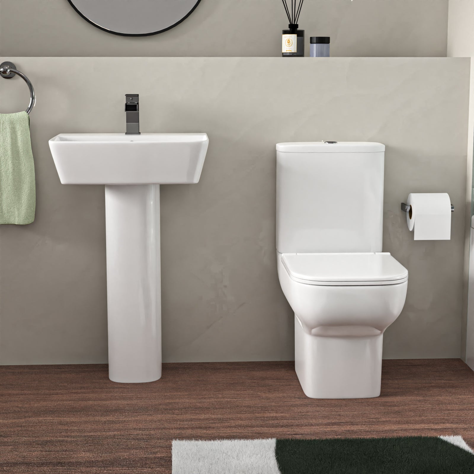 White 500mm Square Basin L-Shaped LH Bath Shower Panel Toilet Tap Set