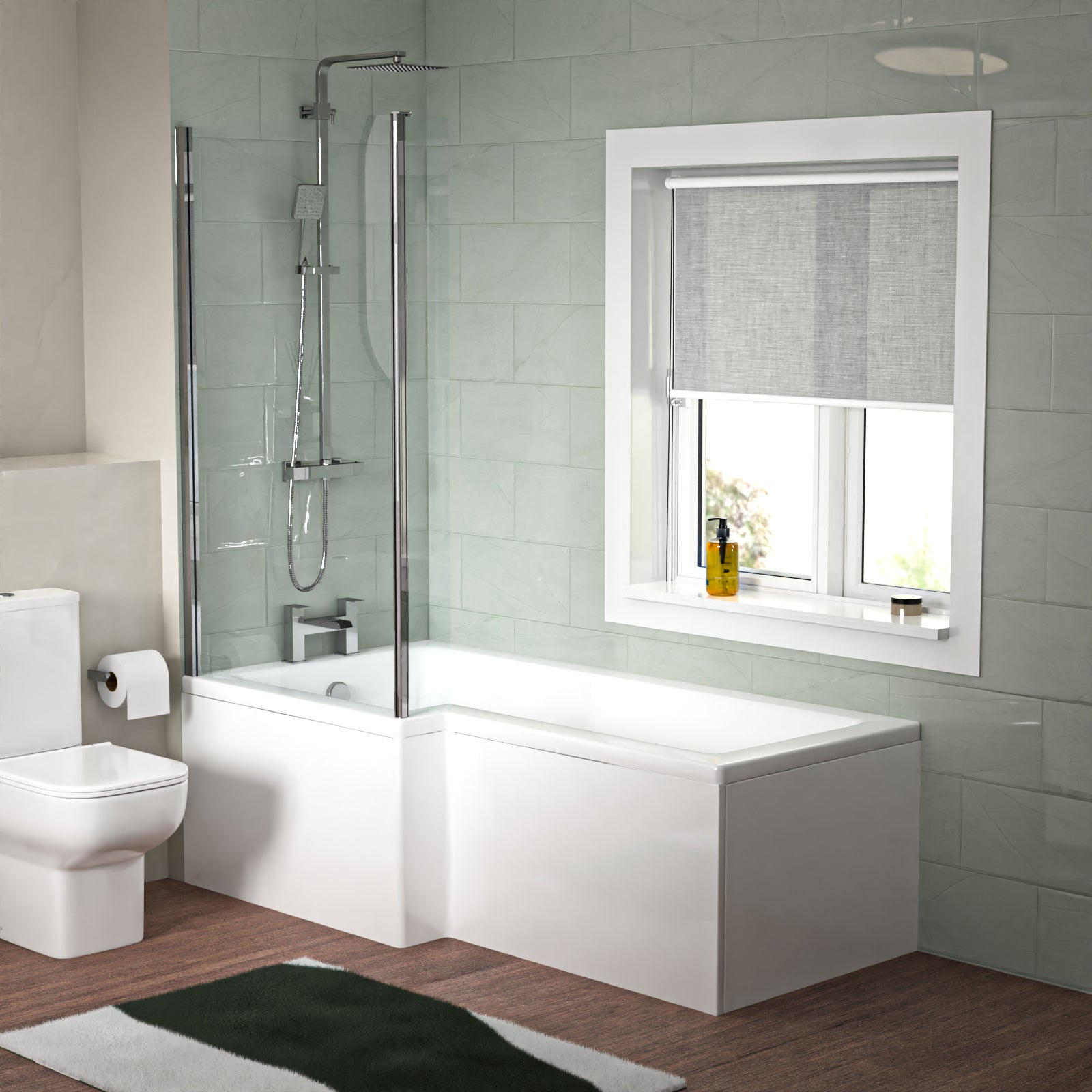 White 500mm Square Basin L-Shaped LH Bath Shower Panel Toilet Tap Set