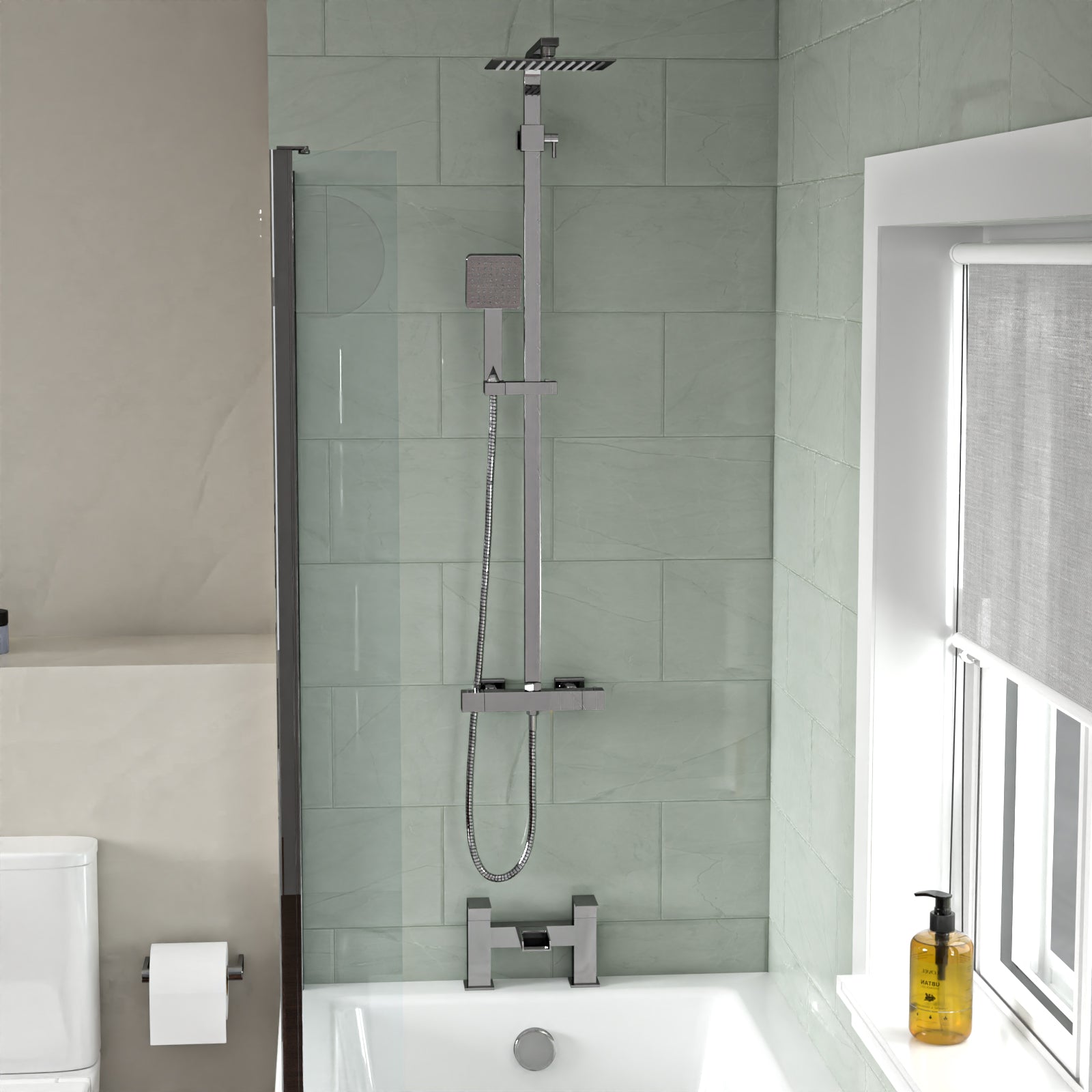 White 500mm Square Basin L-Shaped LH Bath Shower Panel Toilet Tap Set