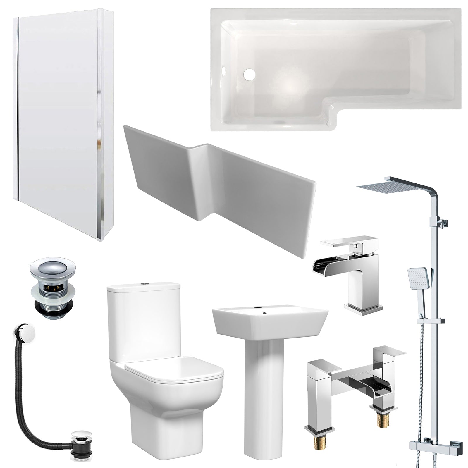 White 500mm Square Basin L-Shaped LH Bath Shower Panel Toilet Tap Set