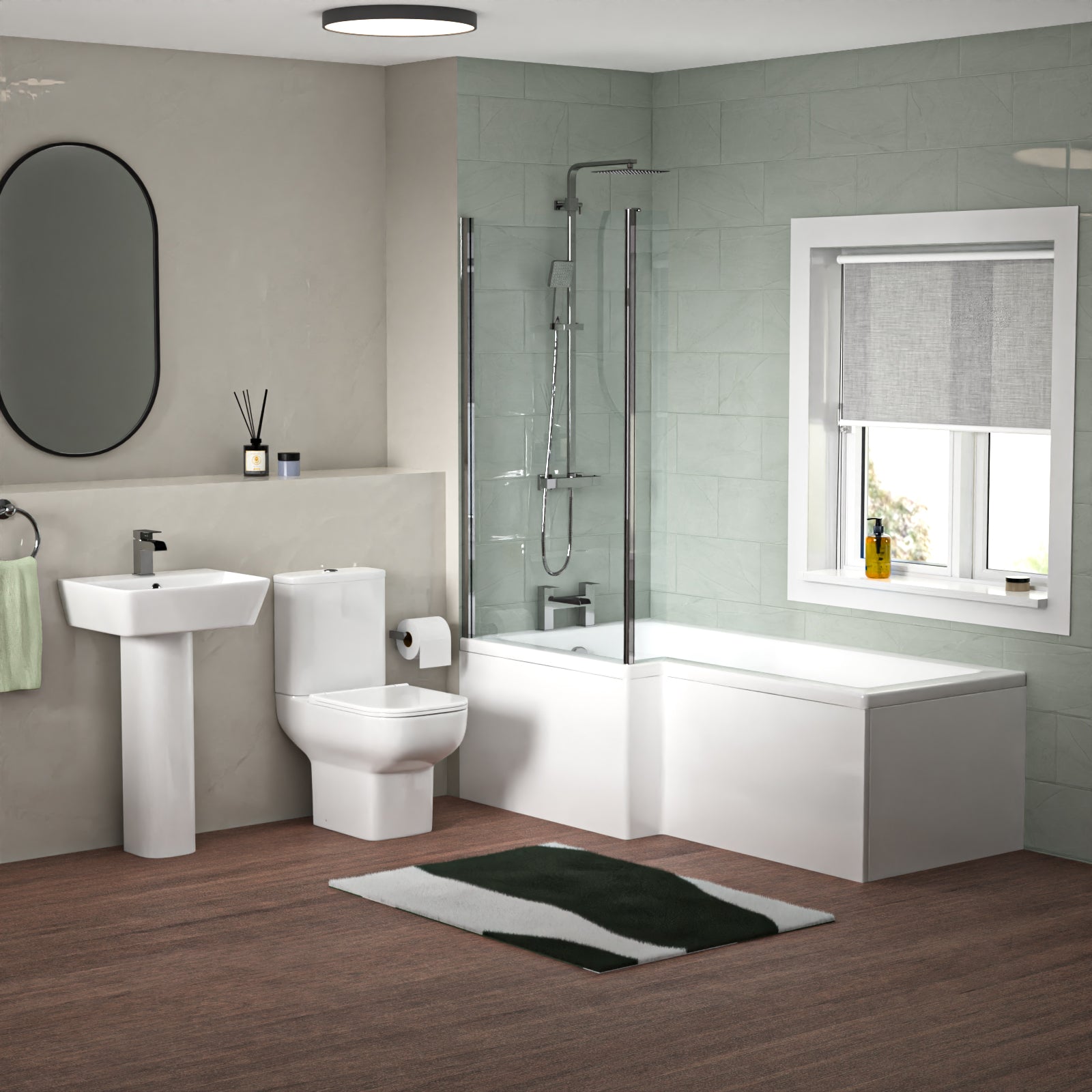 White 500mm Square Basin L-Shaped LH Bath Shower Panel Toilet Tap Set