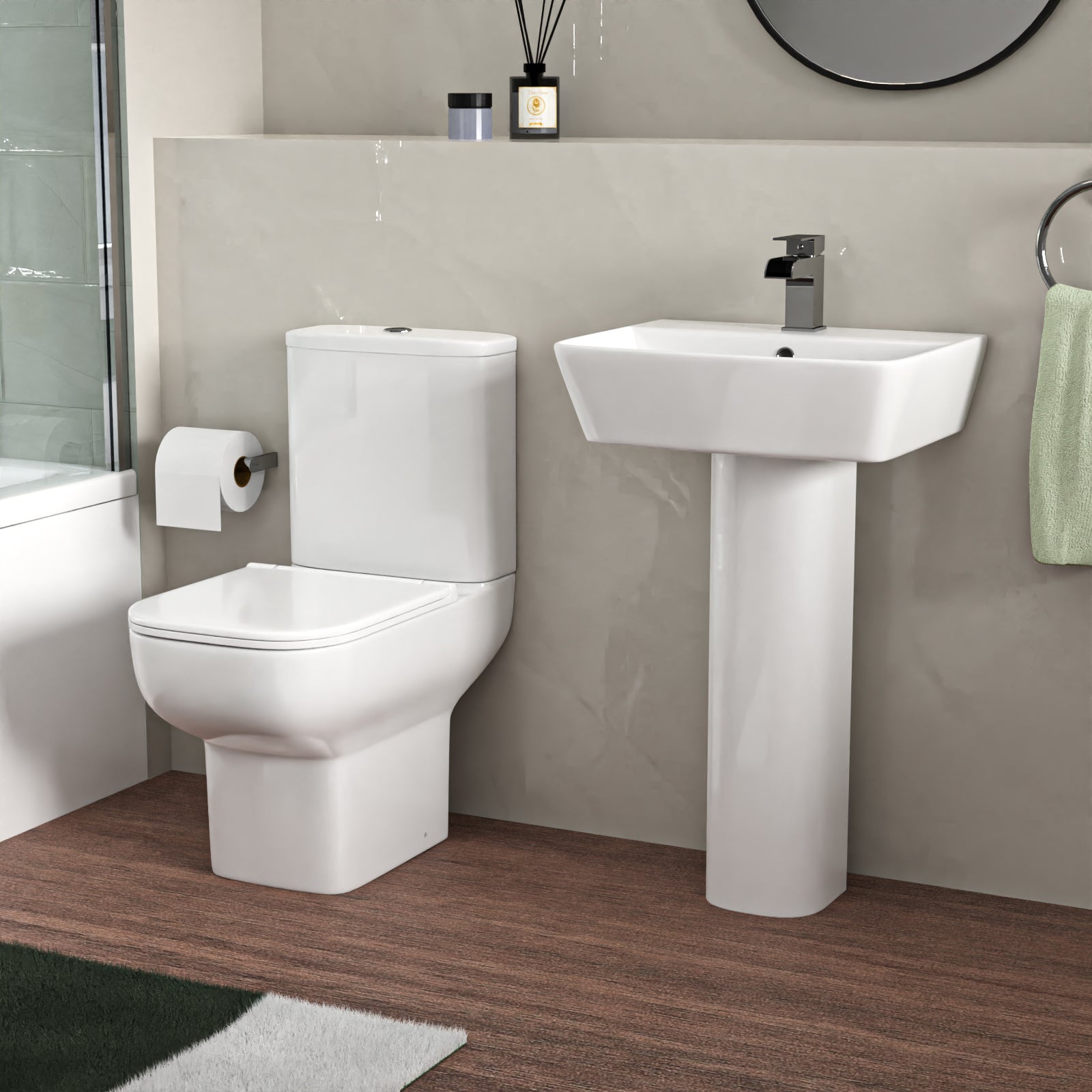 White 500mm Square Basin L-Shaped RH Bath Shower Panel Toilet Tap Set