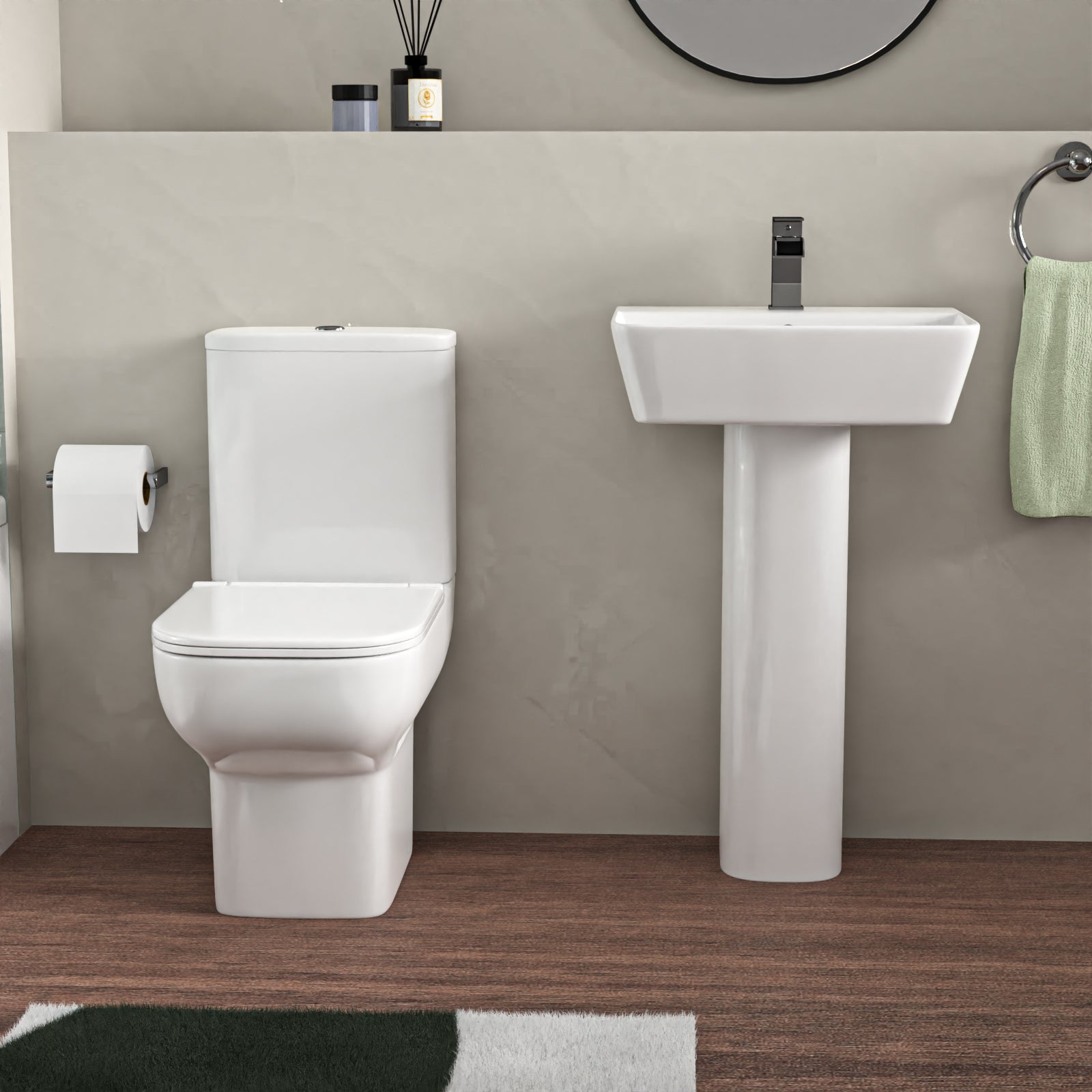 White 500mm Square Basin L-Shaped RH Bath Shower Panel Toilet Tap Set