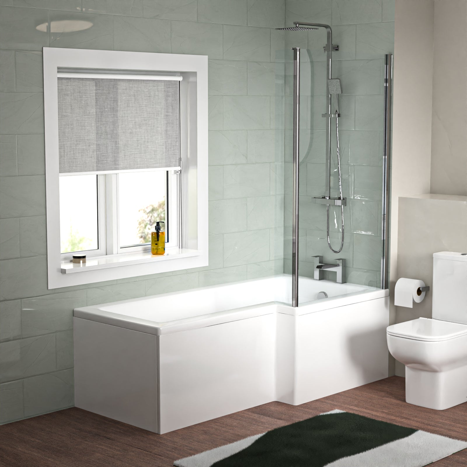 White 500mm Square Basin L-Shaped RH Bath Shower Panel Toilet Tap Set