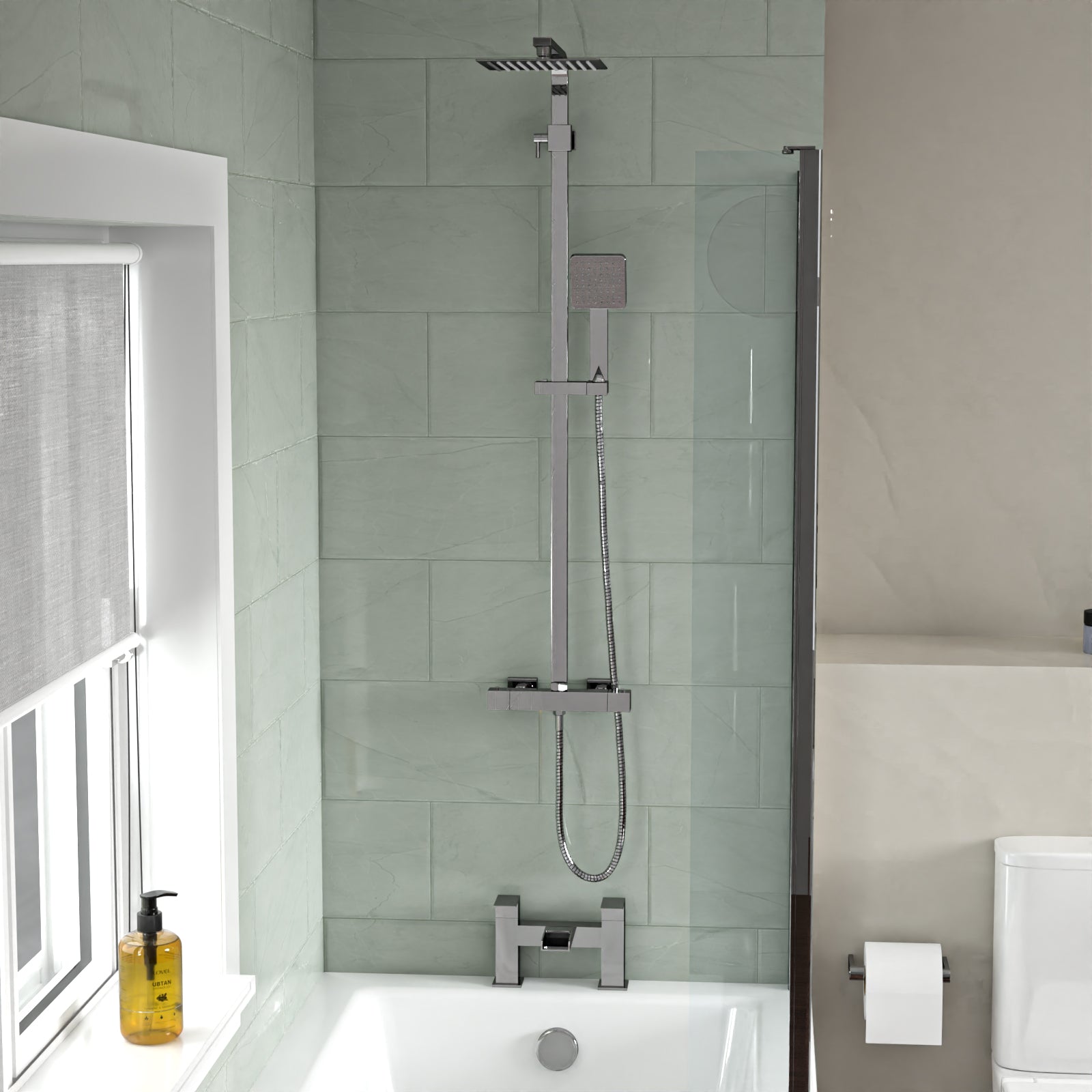 White 500mm Square Basin L-Shaped RH Bath Shower Panel Toilet Tap Set