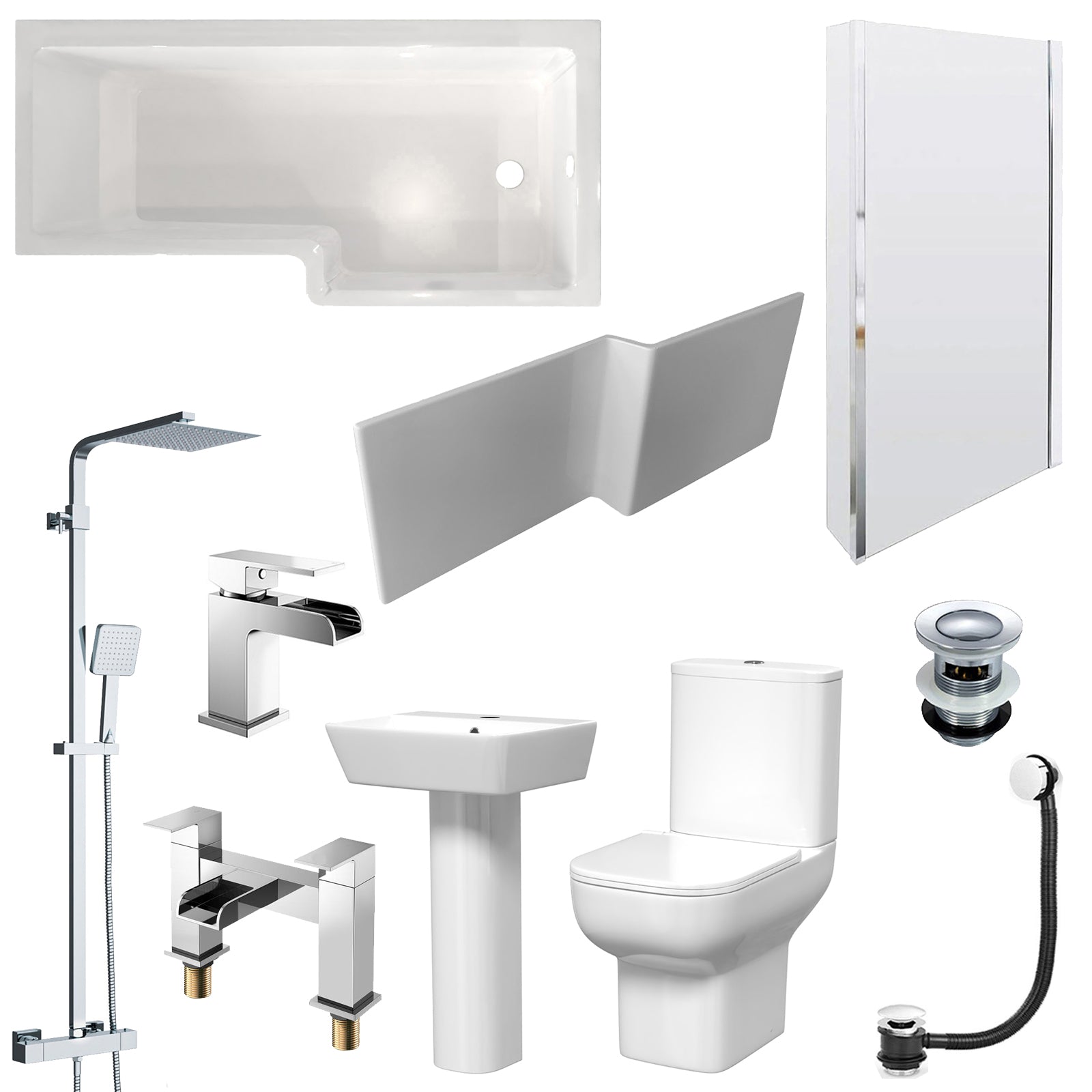 White 500mm Square Basin L-Shaped RH Bath Shower Panel Toilet Tap Set