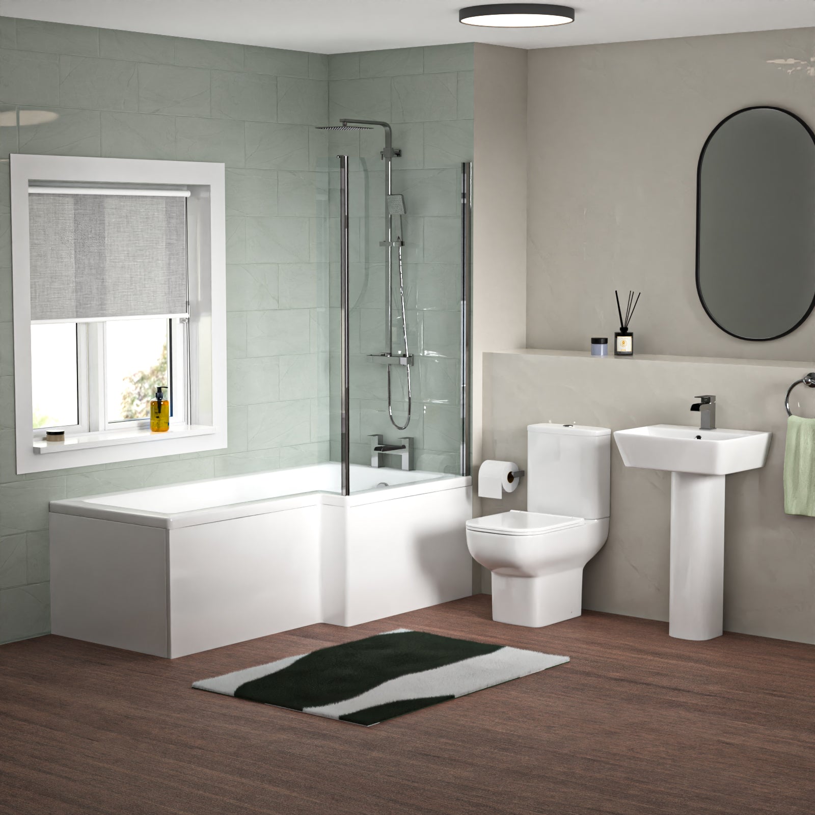 White 500mm Square Basin L-Shaped RH Bath Shower Panel Toilet Tap Set