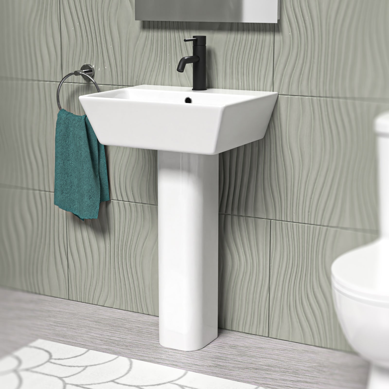 White 500mm Square Modern Full Pedestal Basin