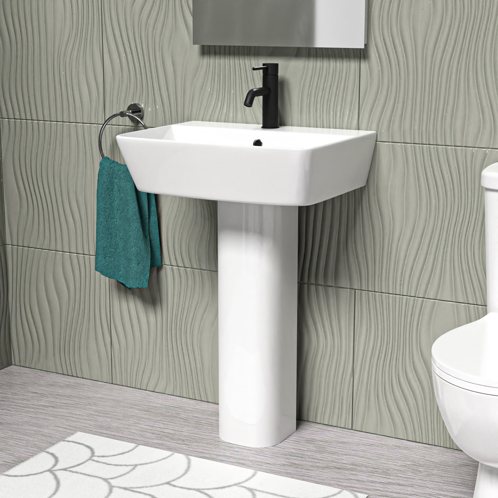 White 560mm Square Modern Full Pedestal Basin