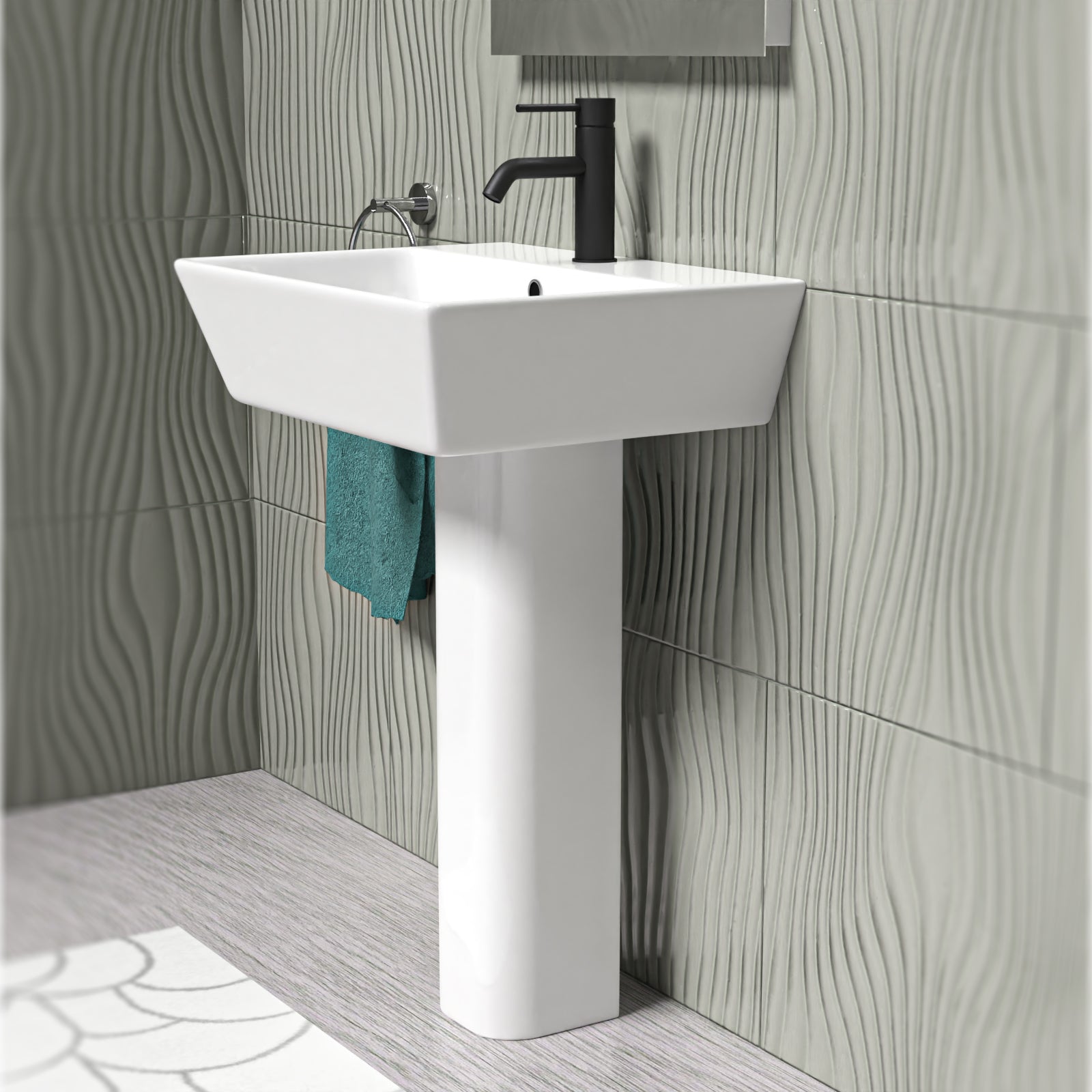 White 560mm Square Modern Full Pedestal Basin