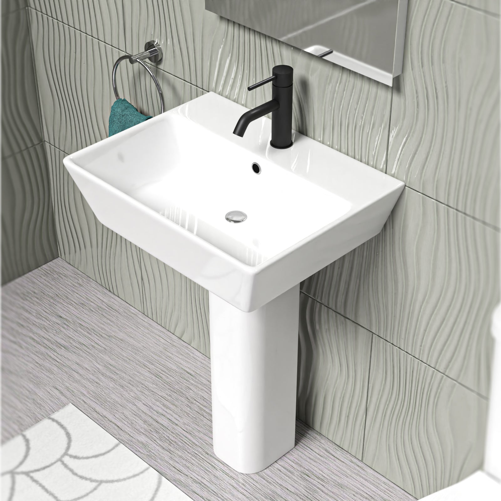 White 560mm Square Modern Full Pedestal Basin