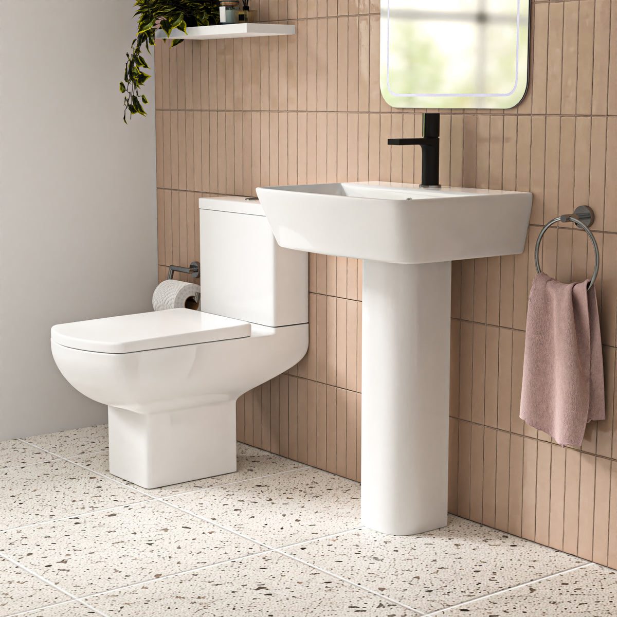 Aris White 560mm Square Modern Full Pedestal Basin with Rimless Toilet