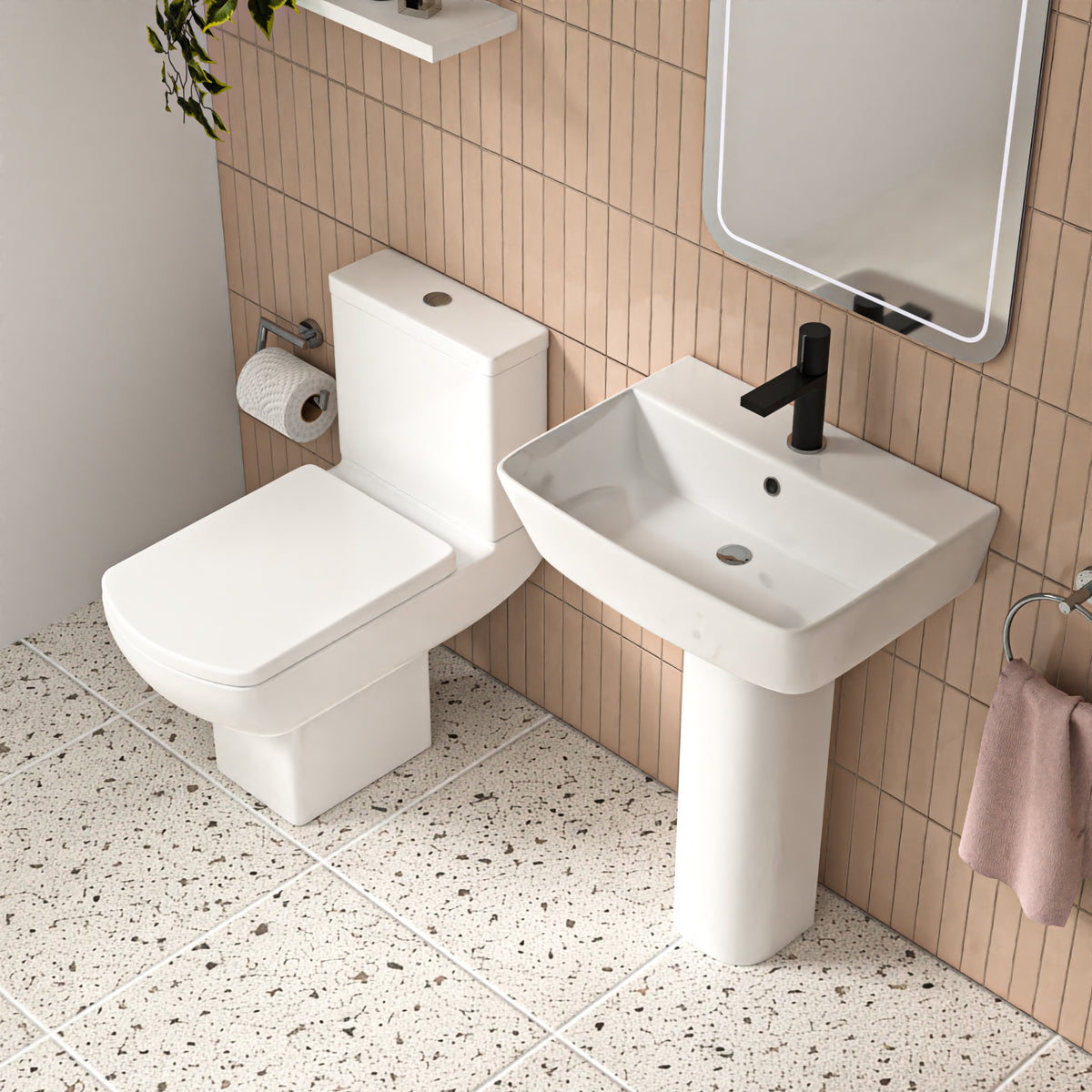 Aris White 560mm Square Modern Full Pedestal Basin with Rimless Toilet