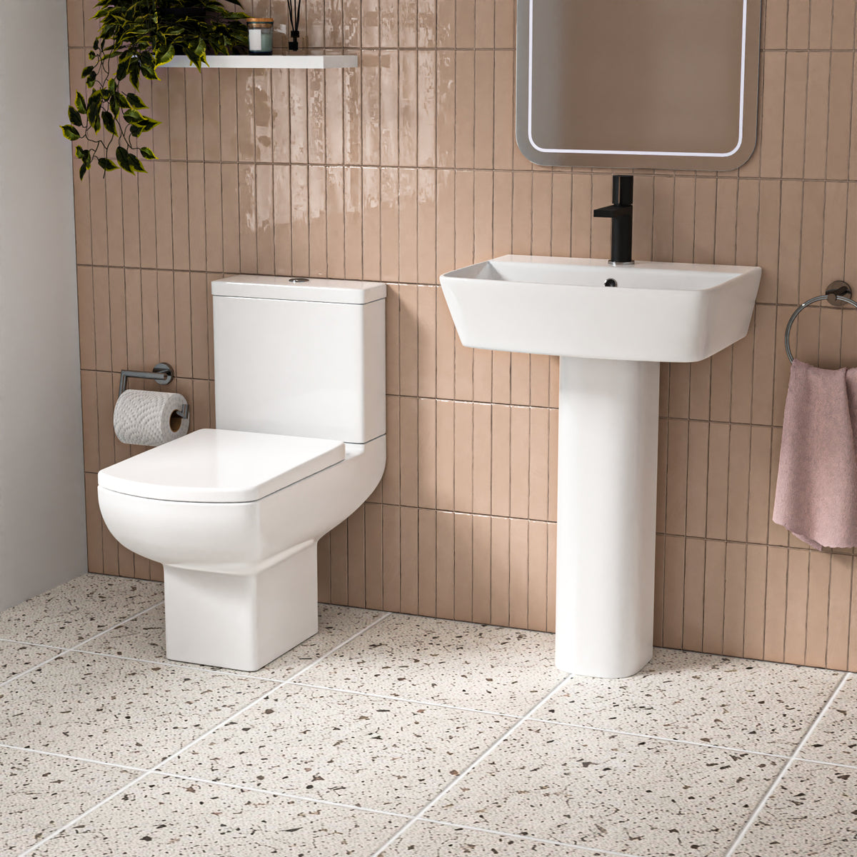 Aris White 560mm Square Modern Full Pedestal Basin with Rimless Toilet