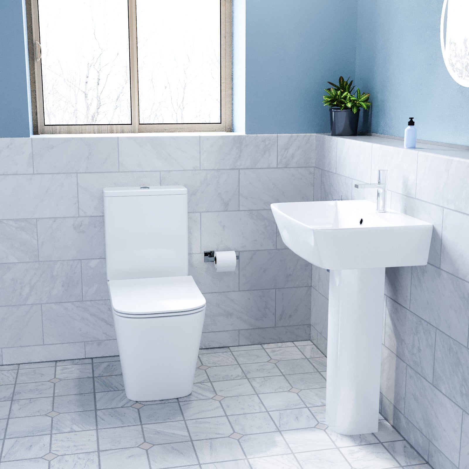 White 560mm Square Modern Full Pedestal Basin with Modern Toilet