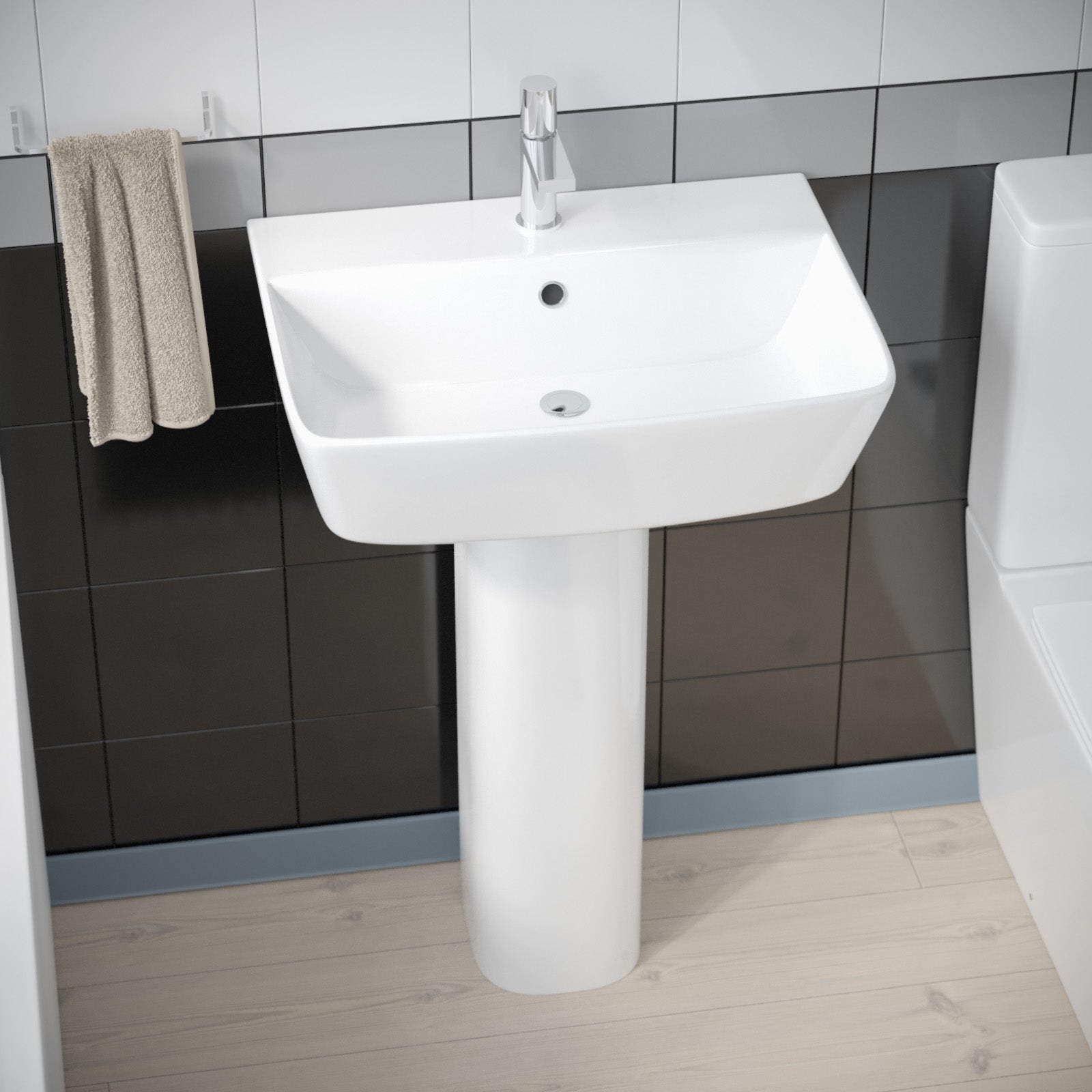 White 560mm Square Modern Full Pedestal Basin Toilet Bath & Bath Panel