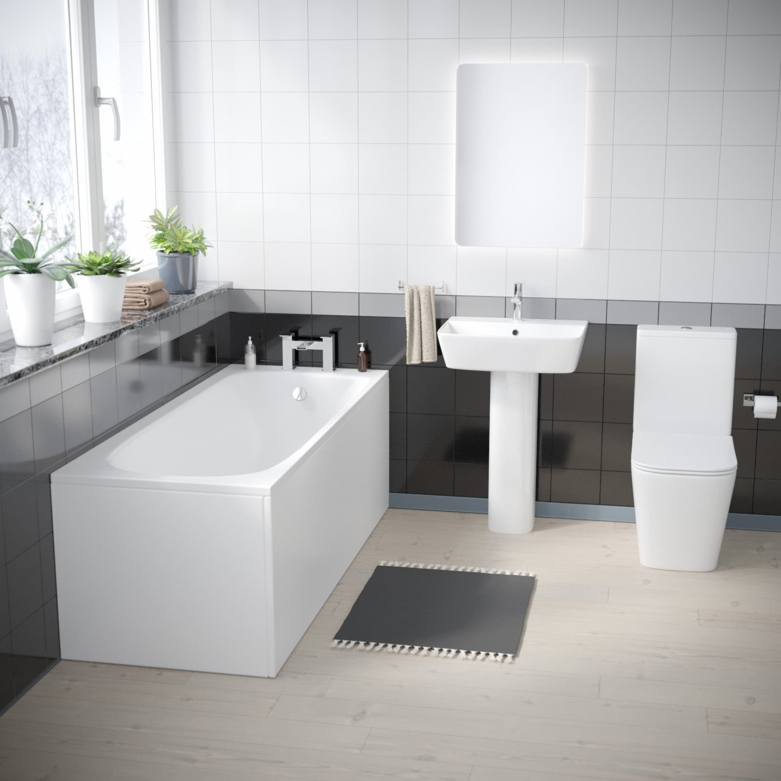 White 560mm Square Modern Full Pedestal Basin Toilet Bath & Bath Panel