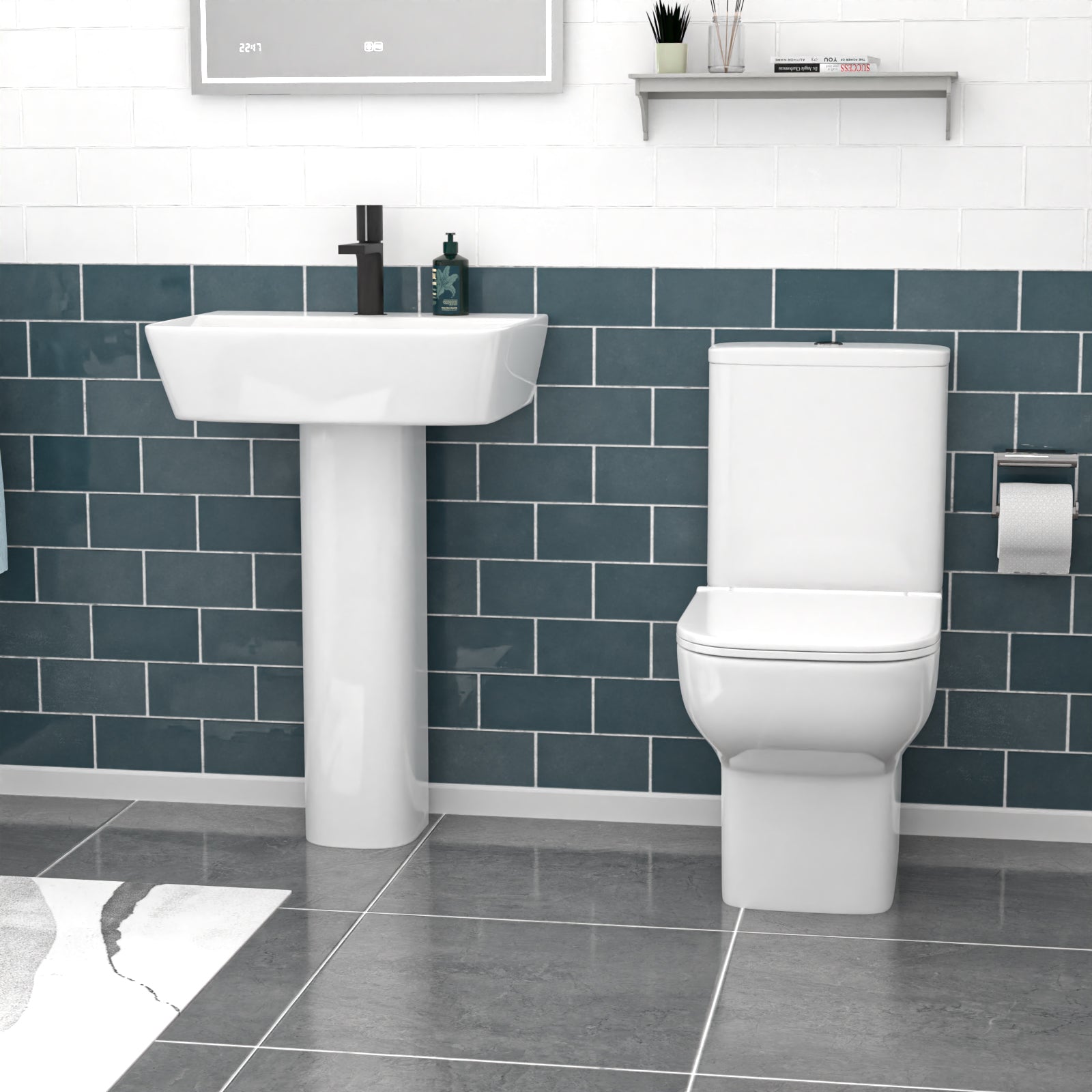 White 560mm Square Modern Full Pedestal Basin with Toilet