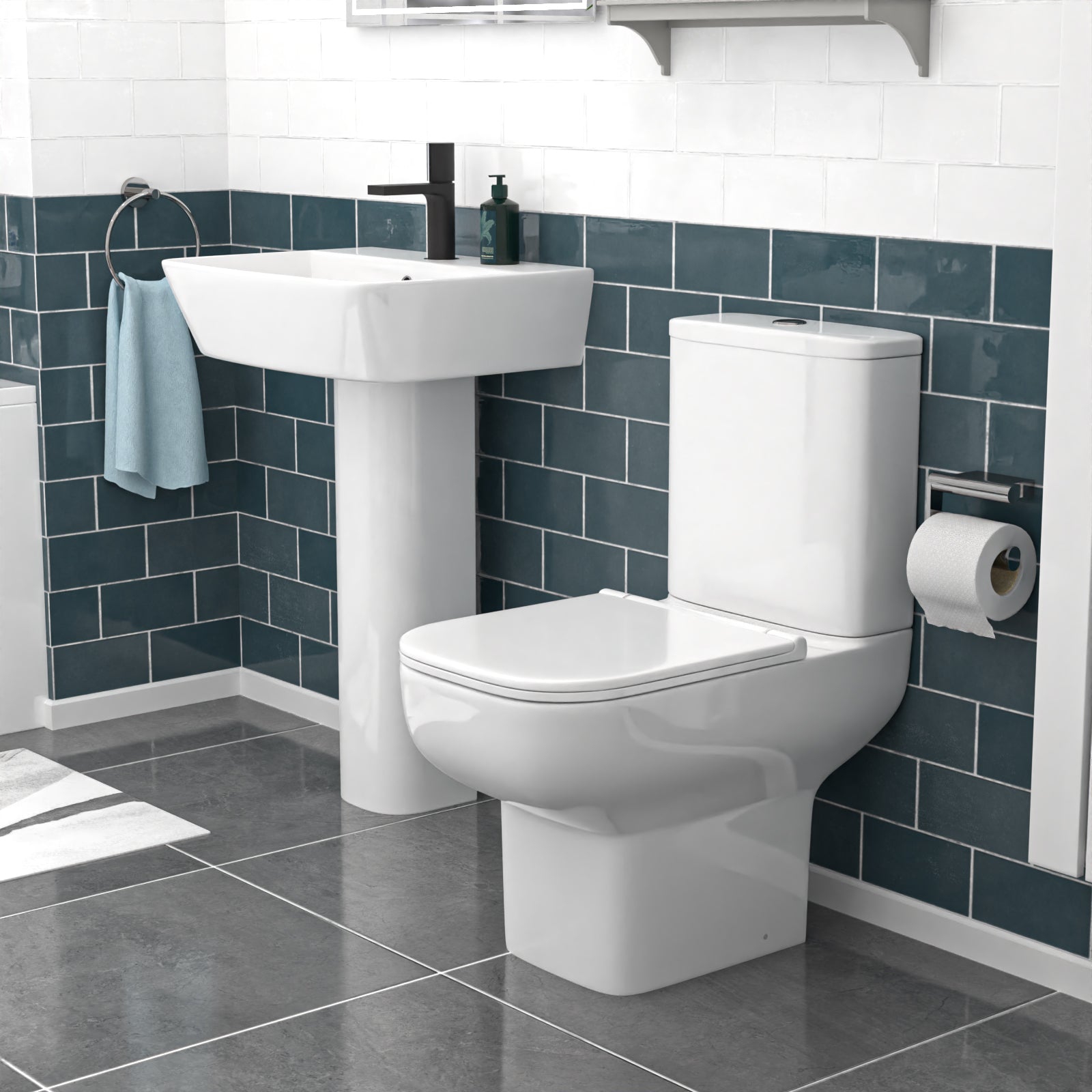 White 560mm Square Modern Full Pedestal Basin with Toilet