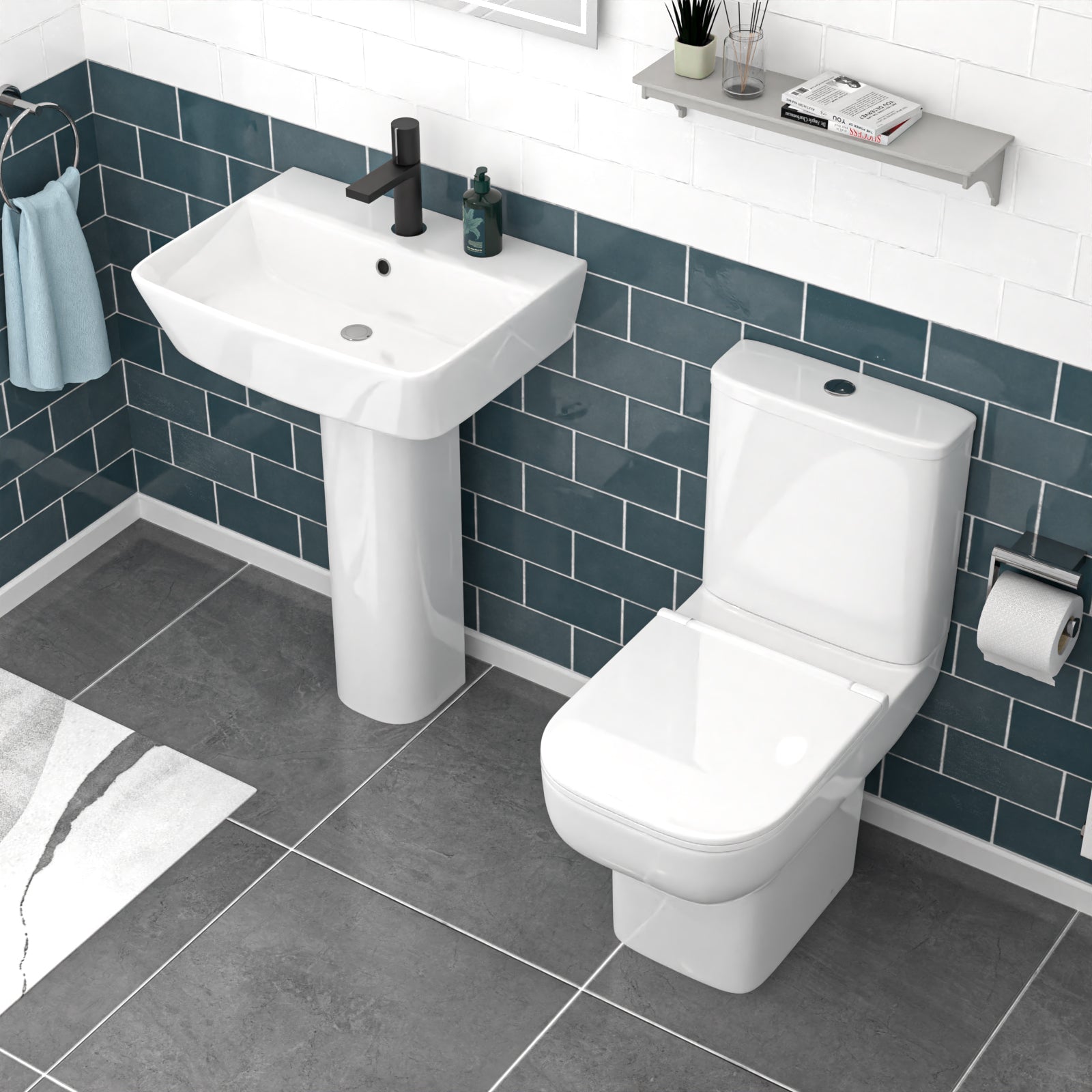 White 560mm Square Modern Full Pedestal Basin with Toilet