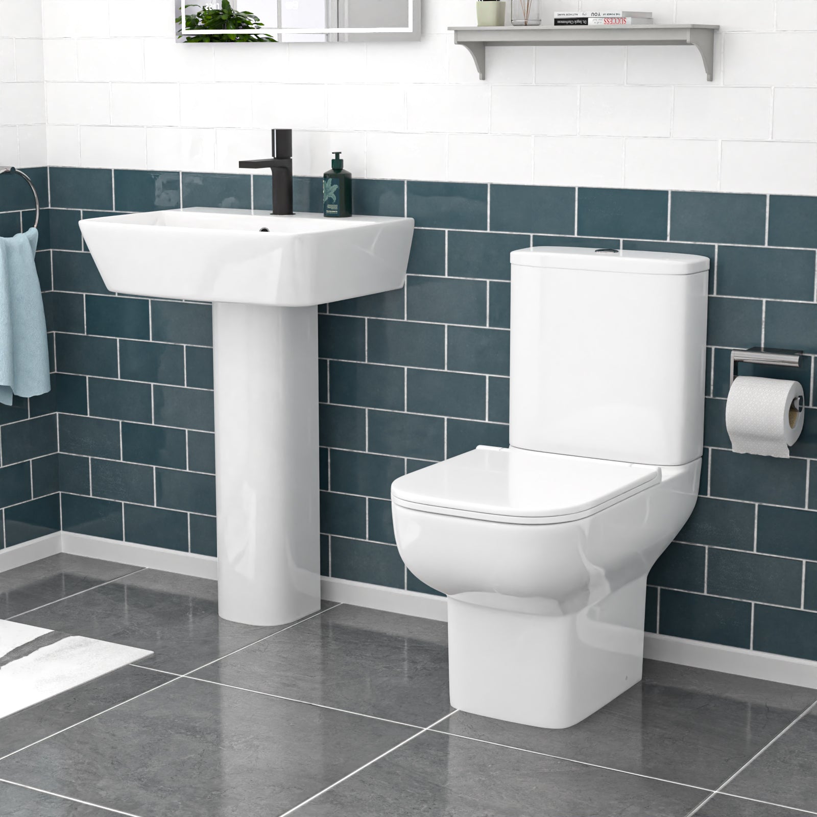 White 560mm Square Modern Full Pedestal Basin with Toilet