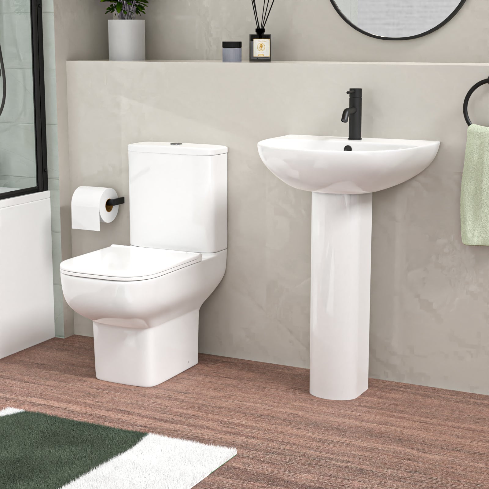 500mm Pedestal Basin with ECO Toilet, 1700mm Bath with Panel and Screen, Taps Set