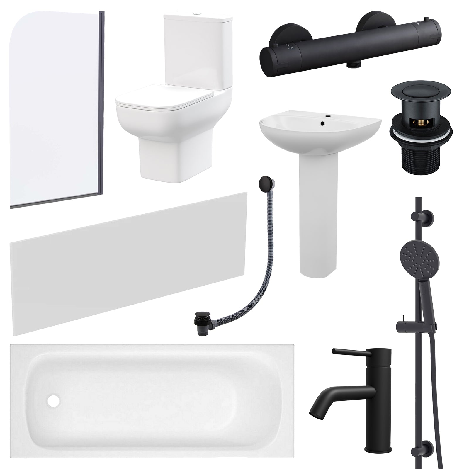 500mm Pedestal Basin with ECO Toilet, 1700mm Bath with Panel and Screen, Taps Set