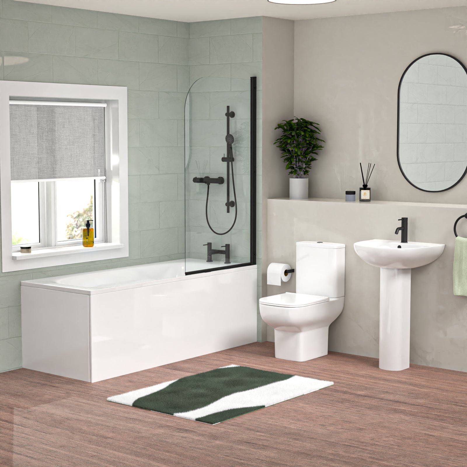 500mm Pedestal Basin with ECO Toilet, 1700mm Bath with Panel and Screen, Taps Set