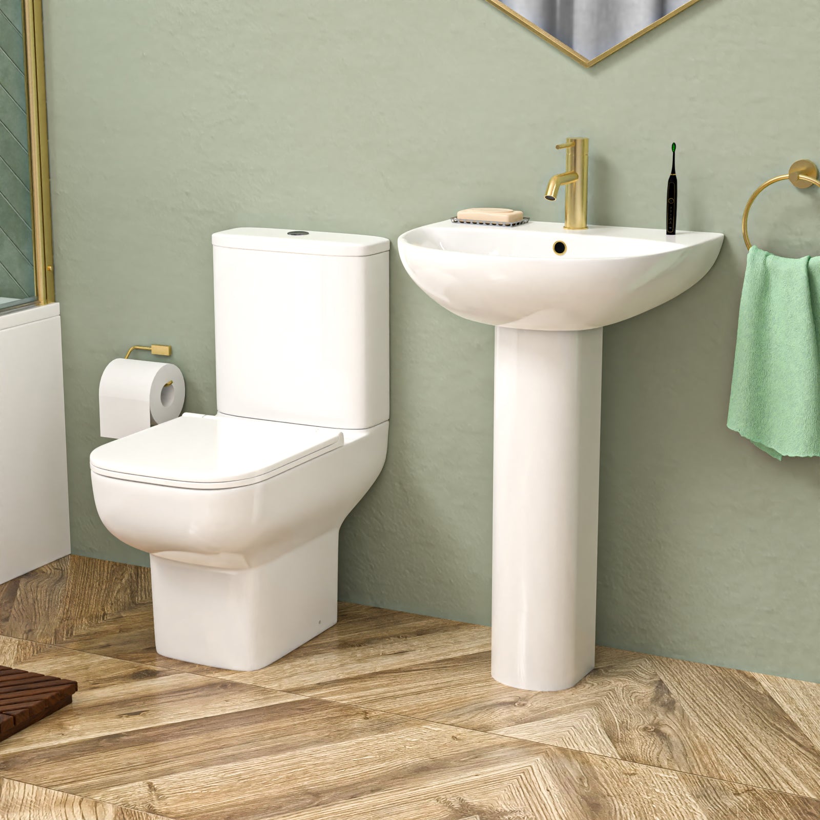 White 550mm Round Slim Edge Pedestal Basin Toilet Shower Bath Taps Set