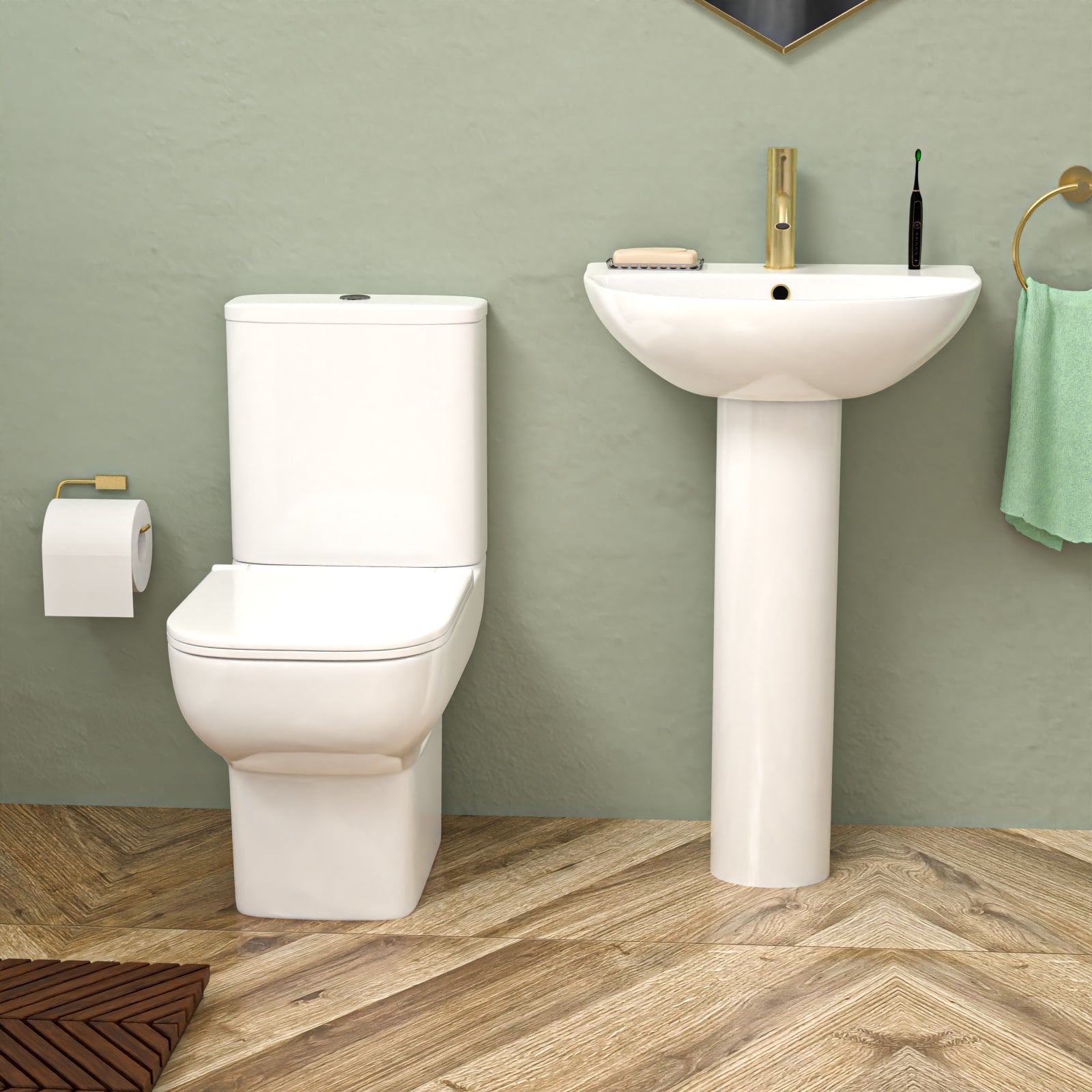 White 550mm Round Slim Edge Pedestal Basin Toilet Shower Bath Taps Set
