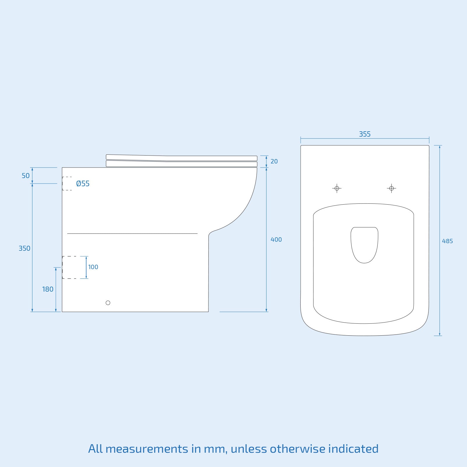Technical drawing of a toilet seat with dimensions