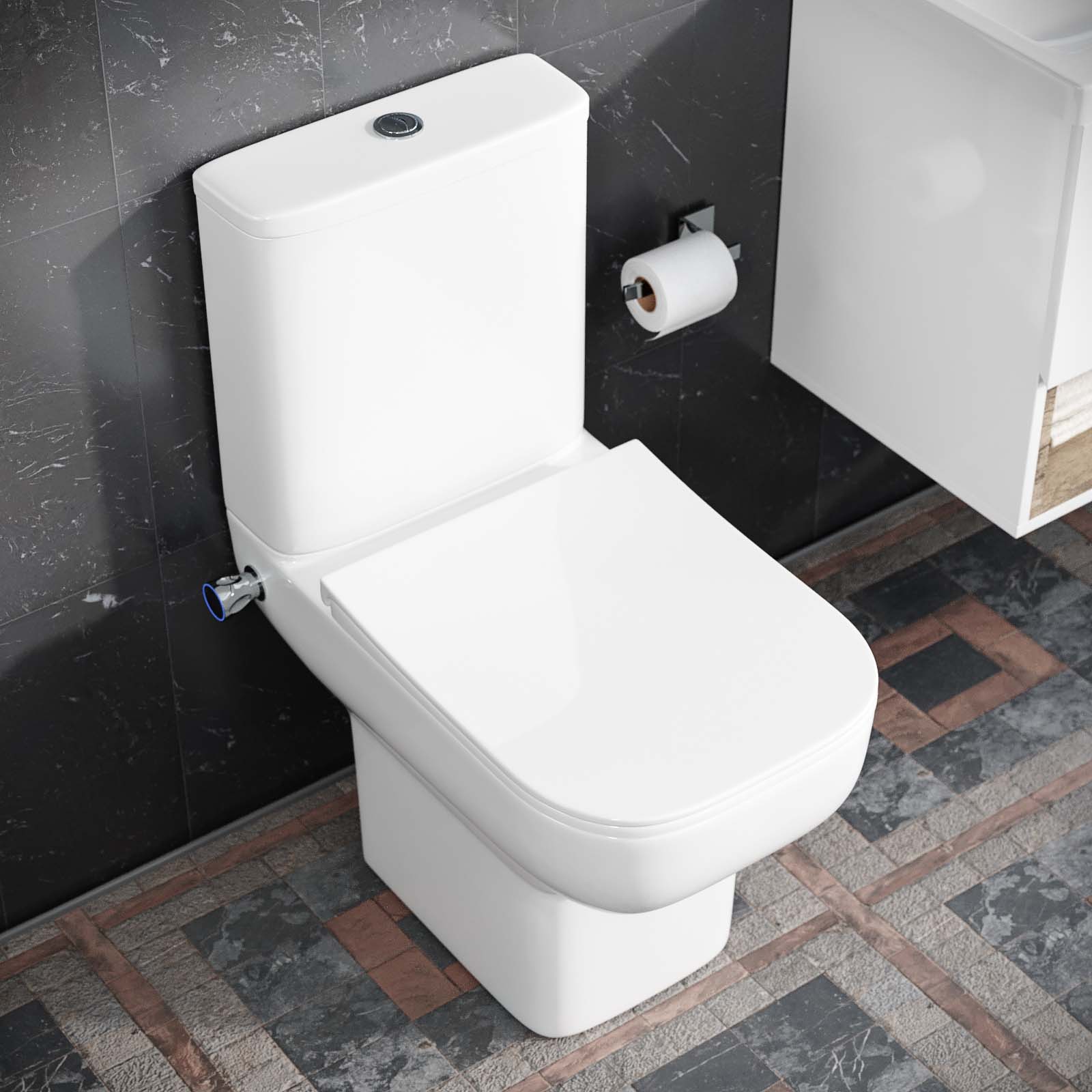 Rimless Square Close Coupled Toilet Pan with Integrated Bidet