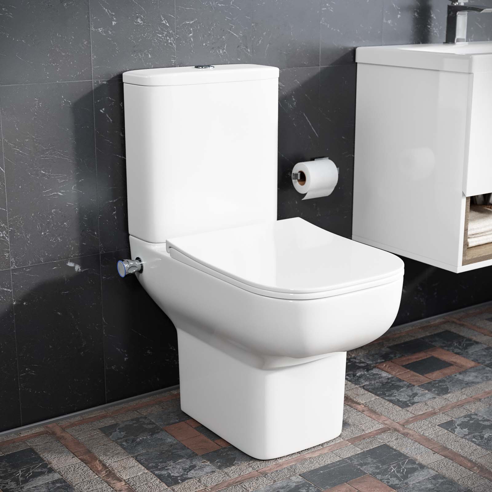 Rimless Square Close Coupled Toilet Pan with Integrated Bidet