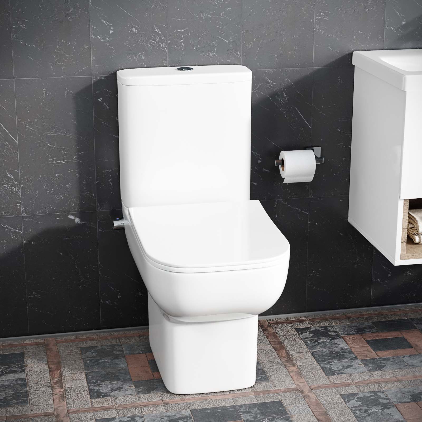 Rimless Square Close Coupled Toilet Pan with Integrated Hot Cold Bidet