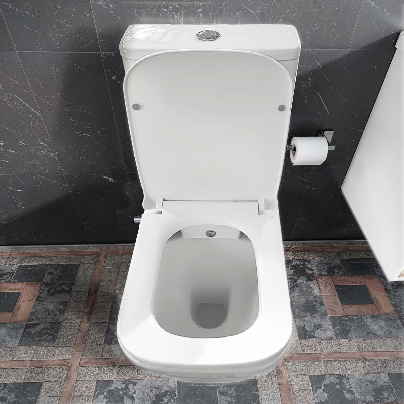 Rimless Square Close Coupled Toilet Pan with Integrated Hot Cold Bidet