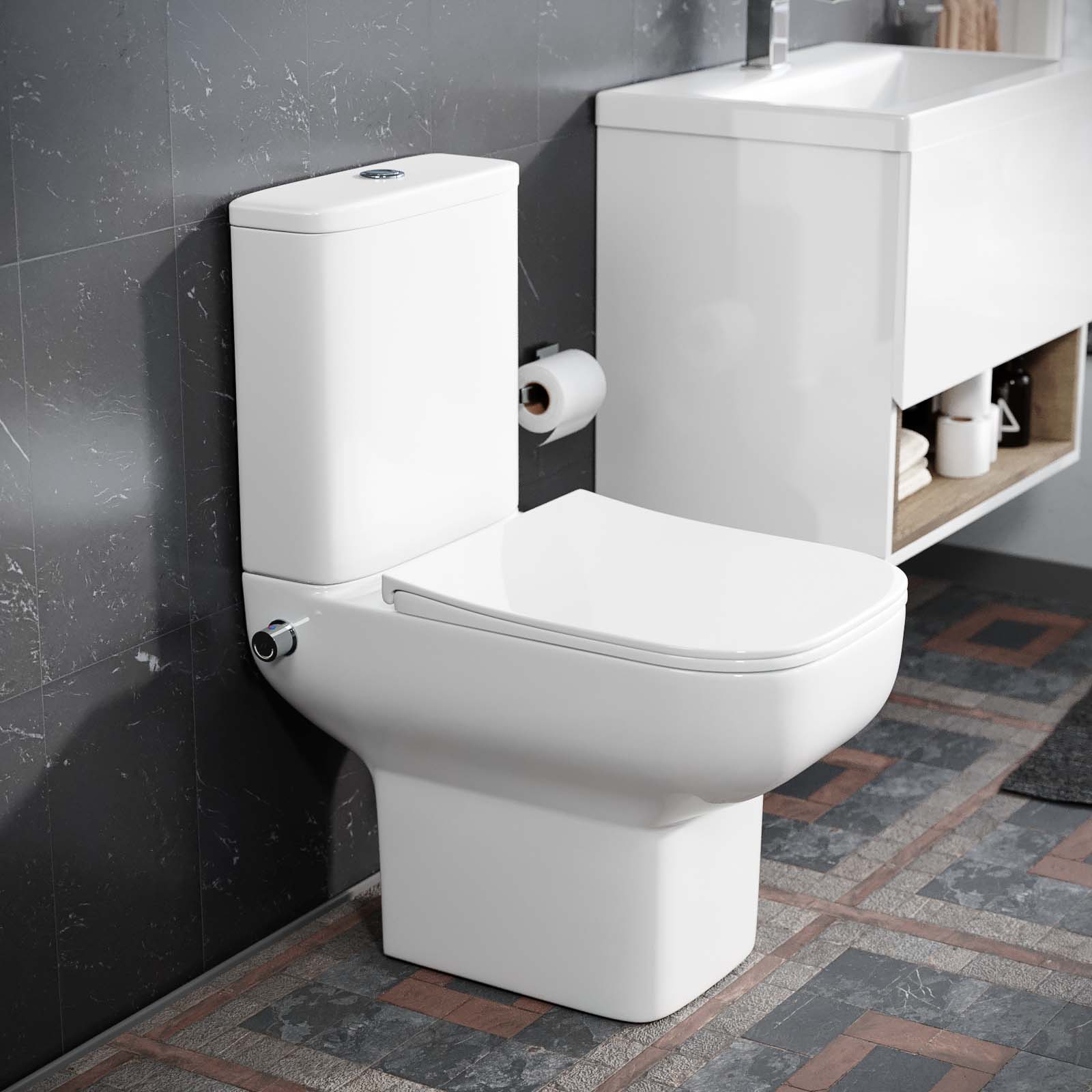 Rimless Square Close Coupled Toilet Pan with Integrated Hot Cold Bidet