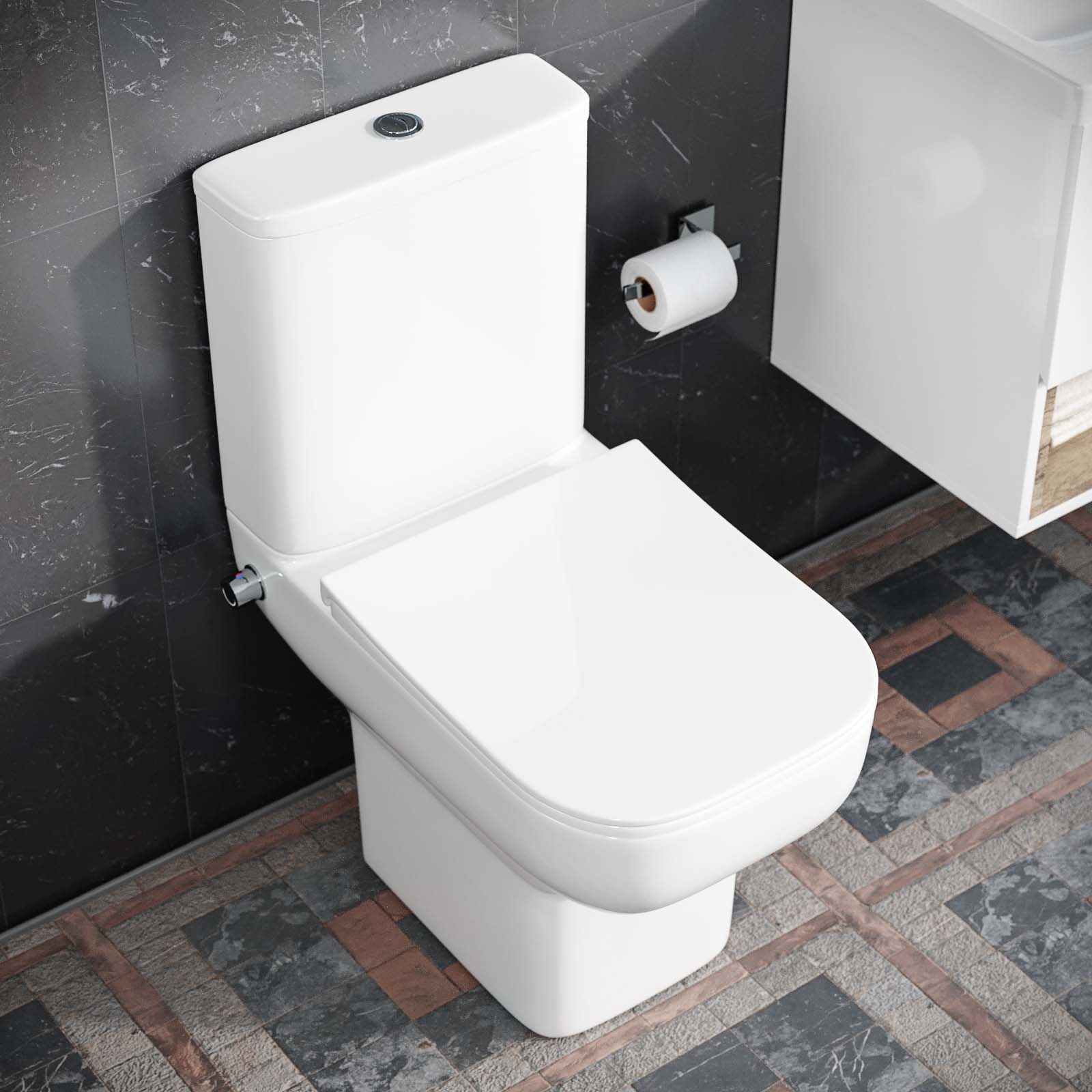 Rimless Square Close Coupled Toilet Pan with Integrated Hot Cold Bidet