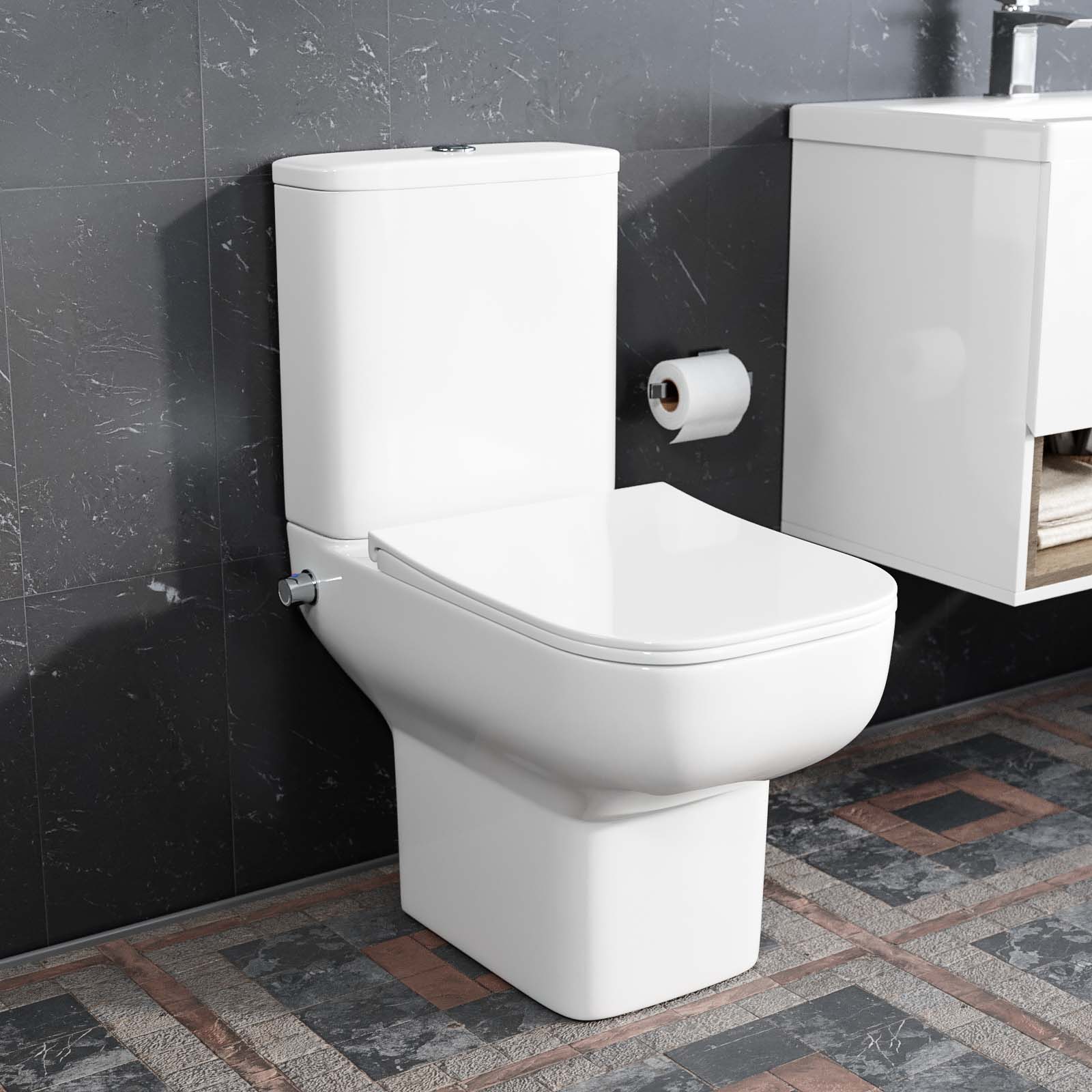 Rimless Square Close Coupled Toilet Pan with Integrated Hot Cold Bidet