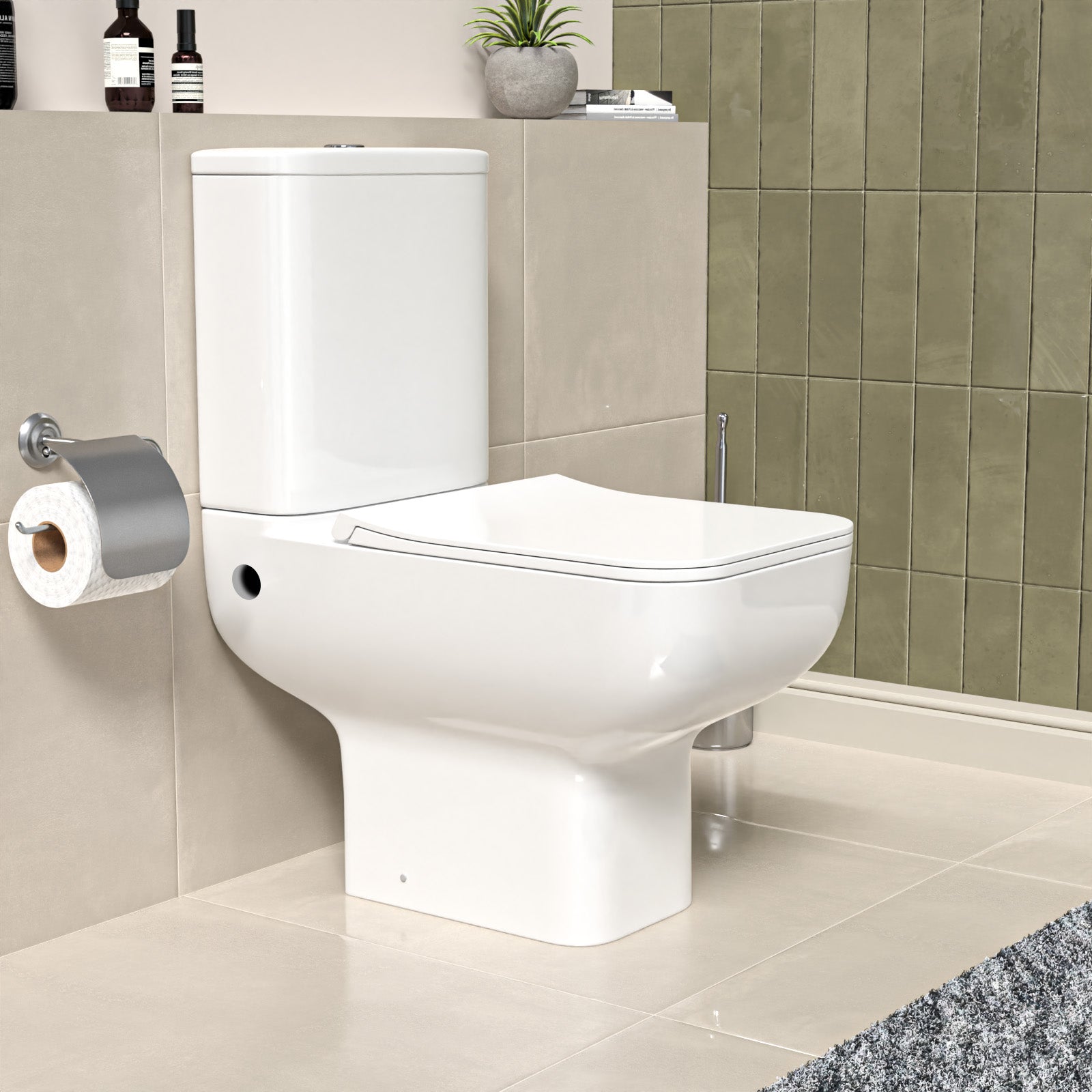 Square Rimless Close Coupled Toilet Pan without Bidet Nozzle and Valve