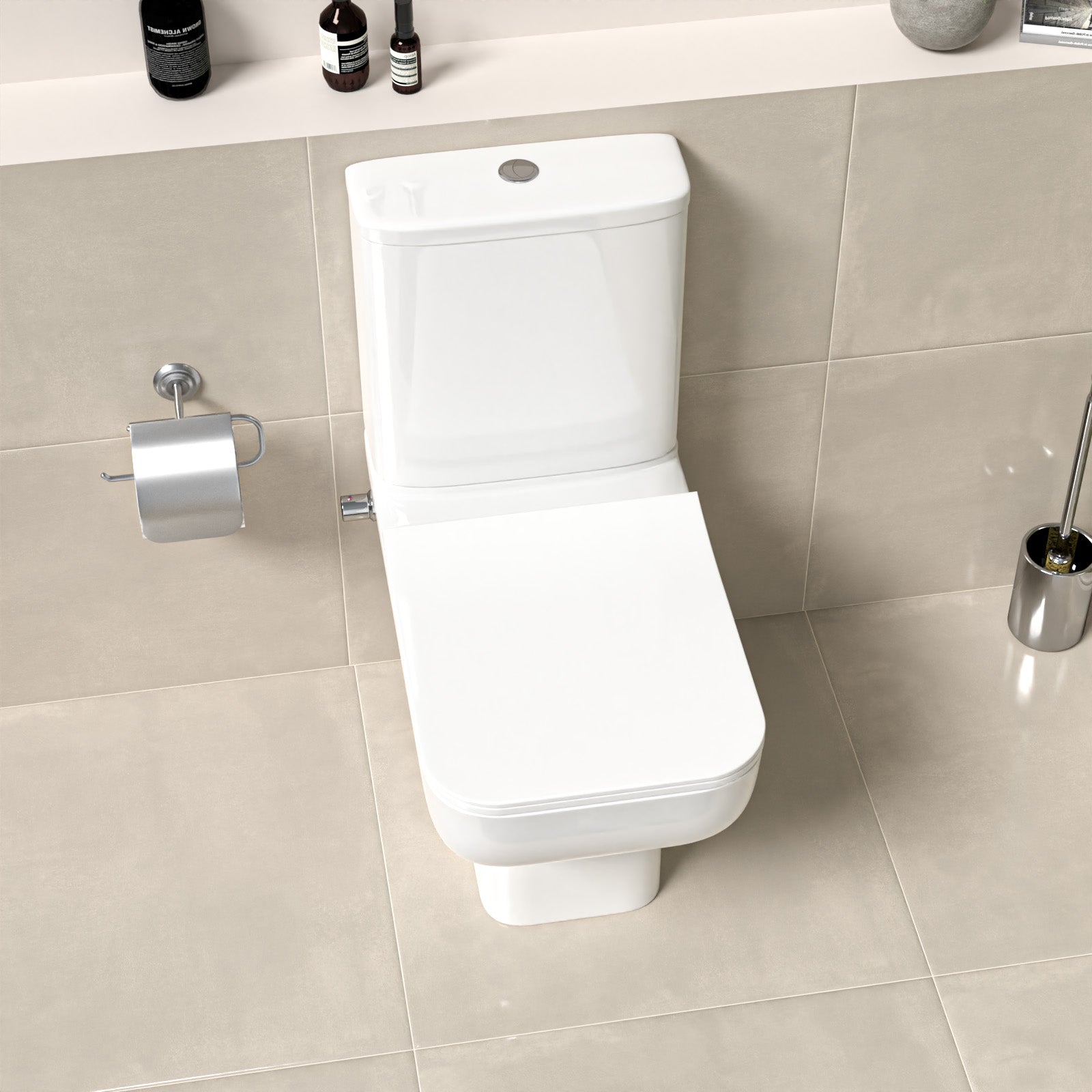 Square Rimless Close Coupled Toilet Pan without Bidet Nozzle and Valve