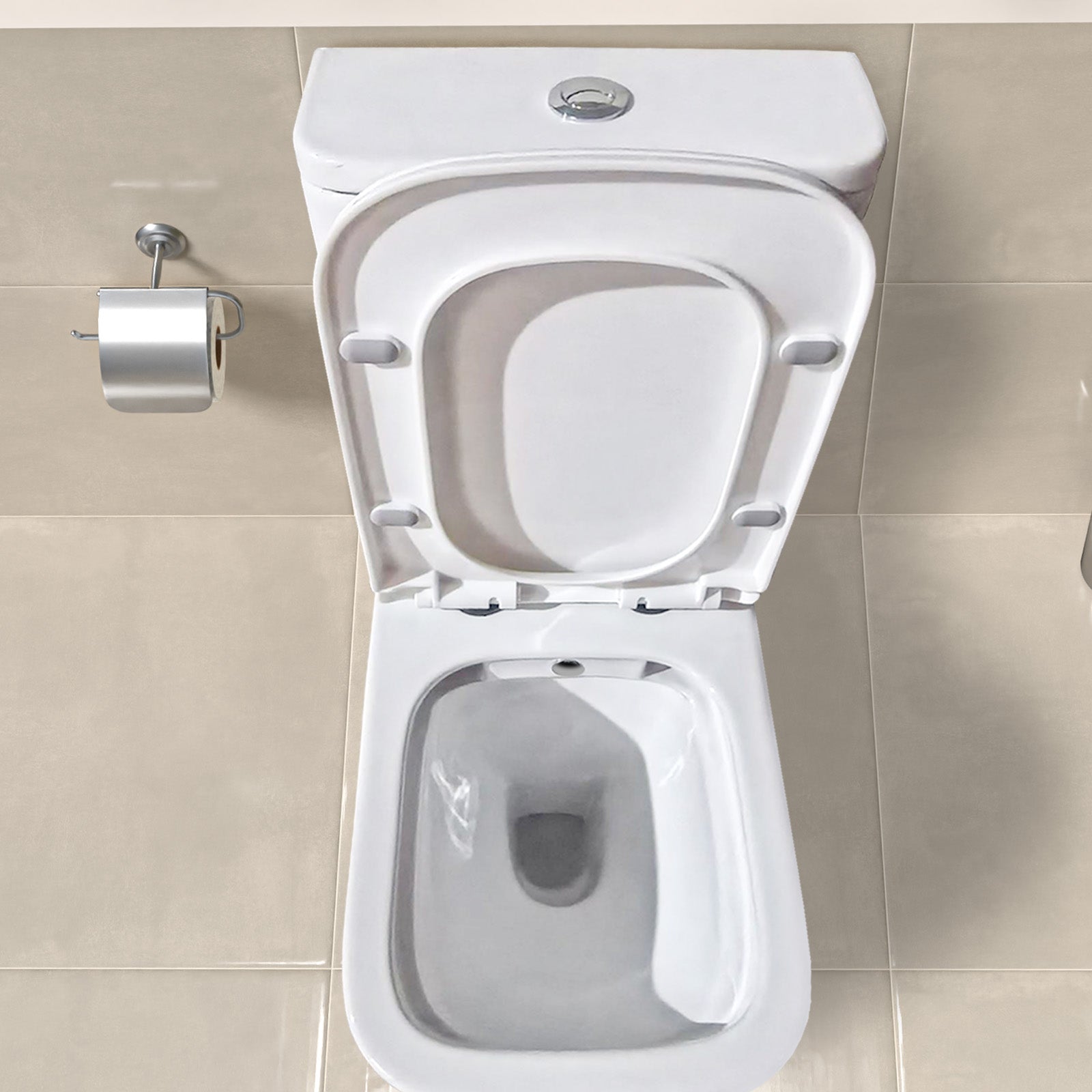Square Rimless Close Coupled Toilet Pan without Bidet Nozzle and Valve