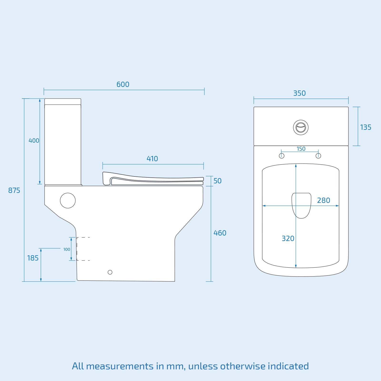 Square Rimless Close Coupled Toilet Pan without Bidet Nozzle and Valve