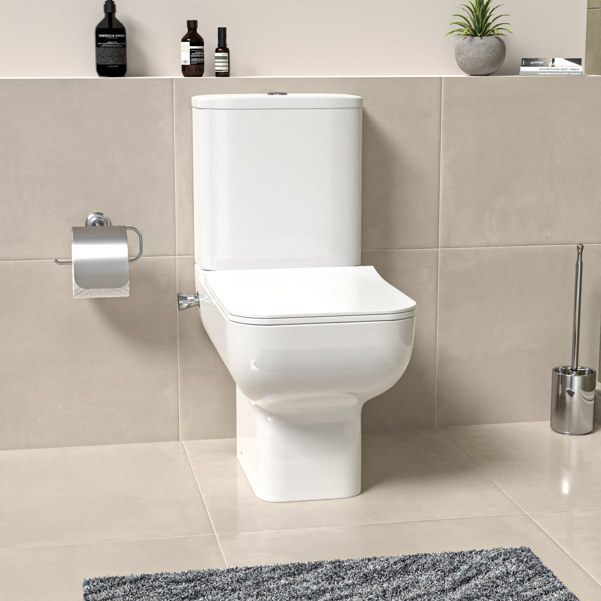Square Comfort Height Rimless Close Coupled Toilet Pan with Integrated Bidet