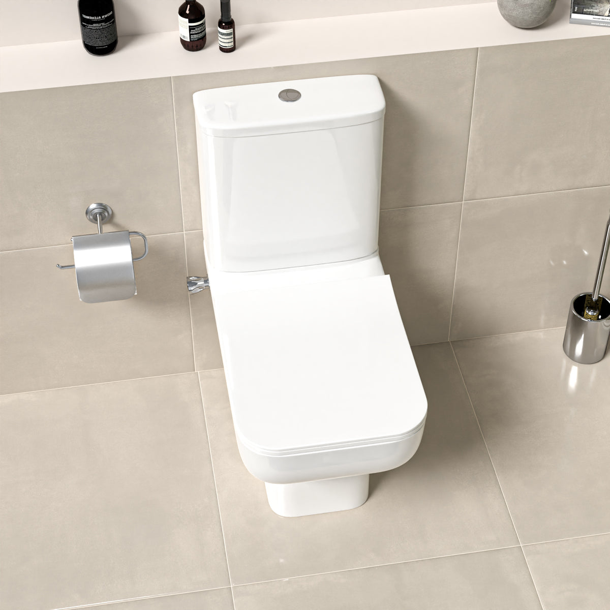 Square Comfort Height Rimless Close Coupled Toilet Pan with Integrated Bidet