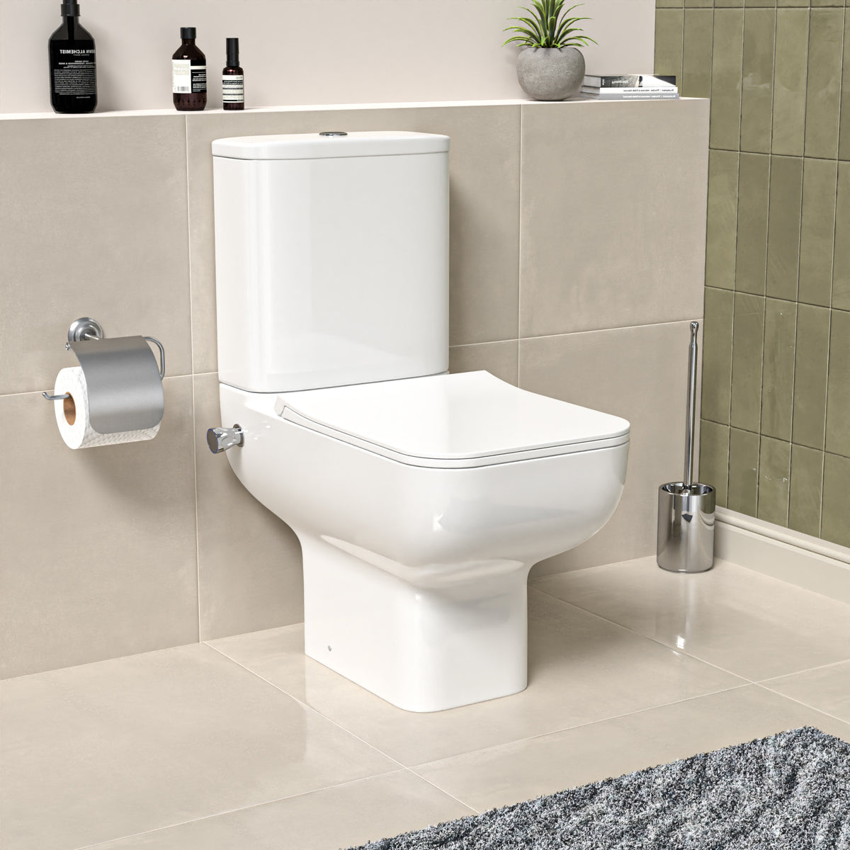 Square Comfort Height Rimless Close Coupled Toilet Pan with Integrated Bidet