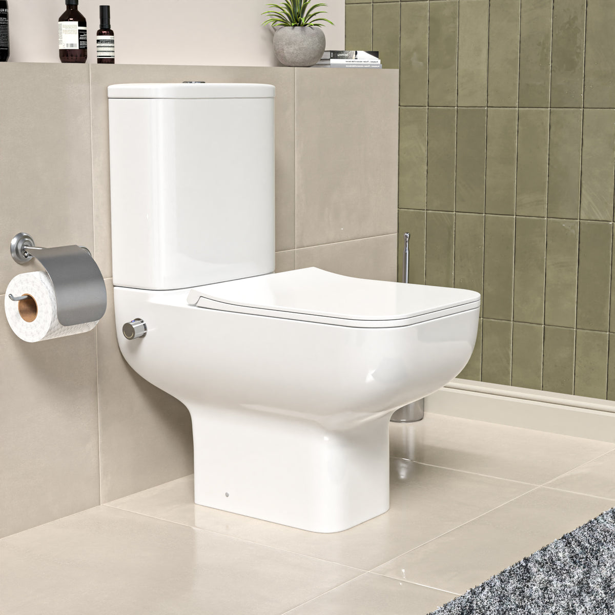 Square Comfort Height Rimless Close Coupled Toilet Pan with Integrated Hot Cold Bidet