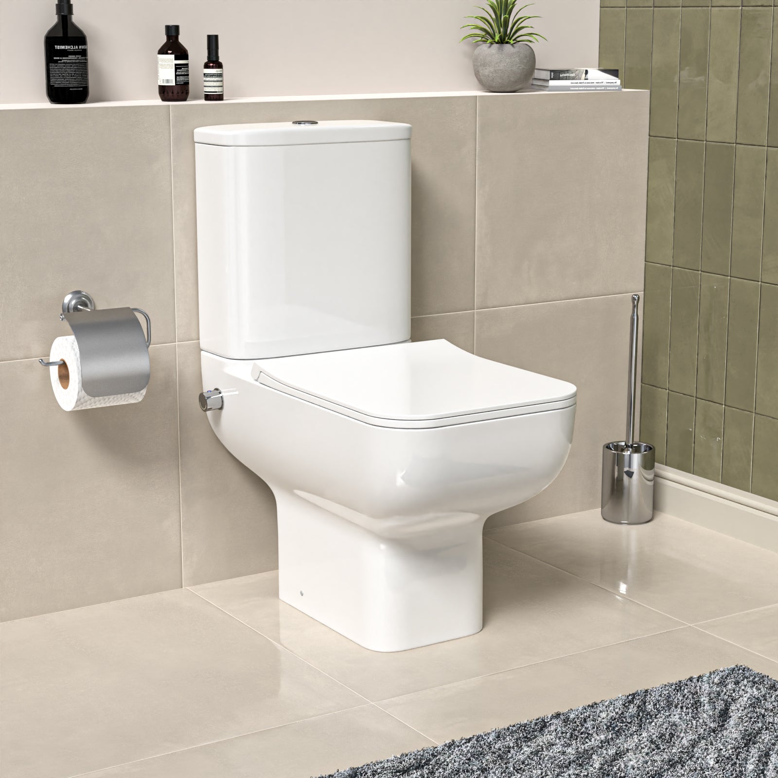 Square Rimless Close Coupled Toilet Pan with Integrated Hot Cold Bidet