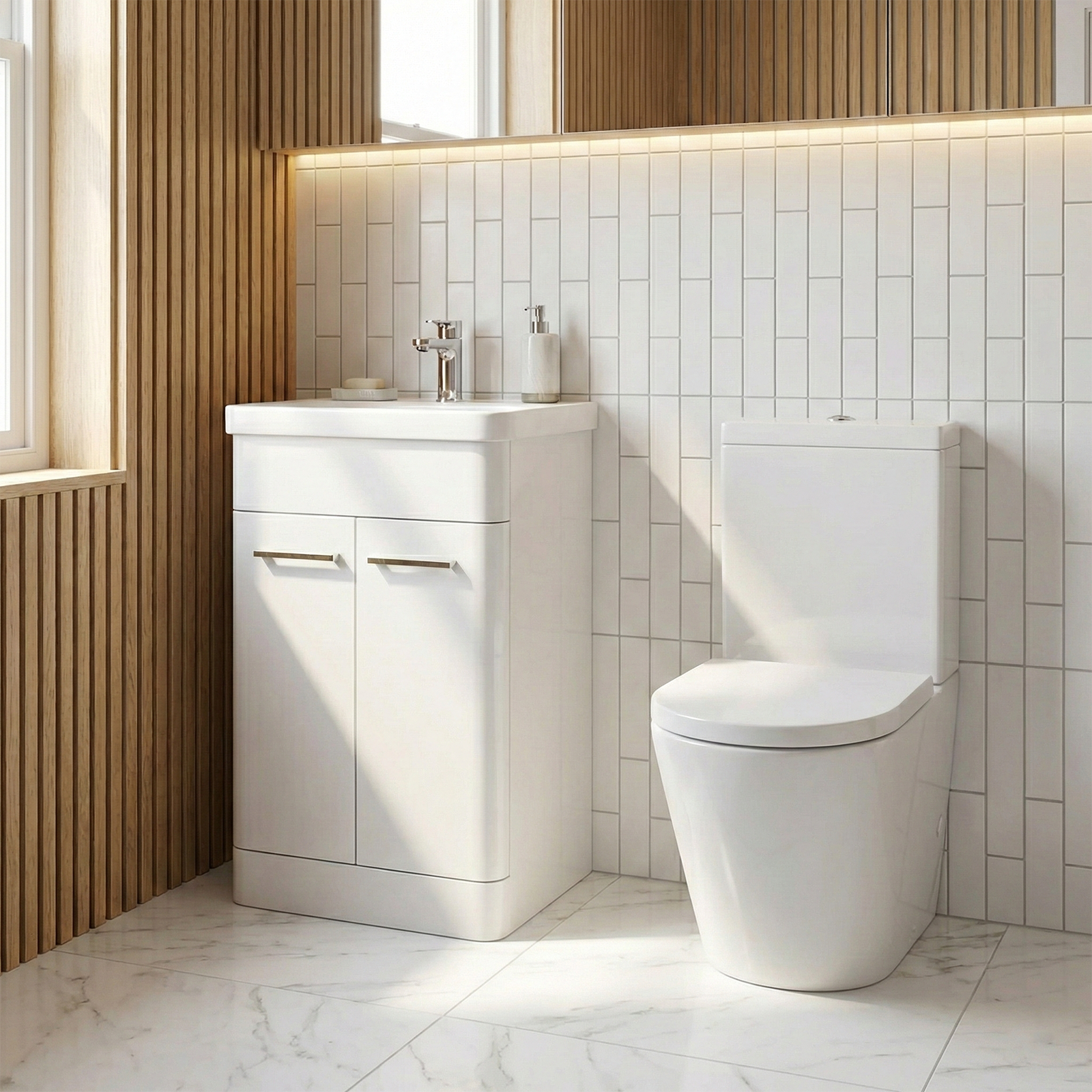 Afern Cloakroom 500mm White Freestanding Vanity Basin Unit & Close Coupled Toilet with Soft Close Seat
