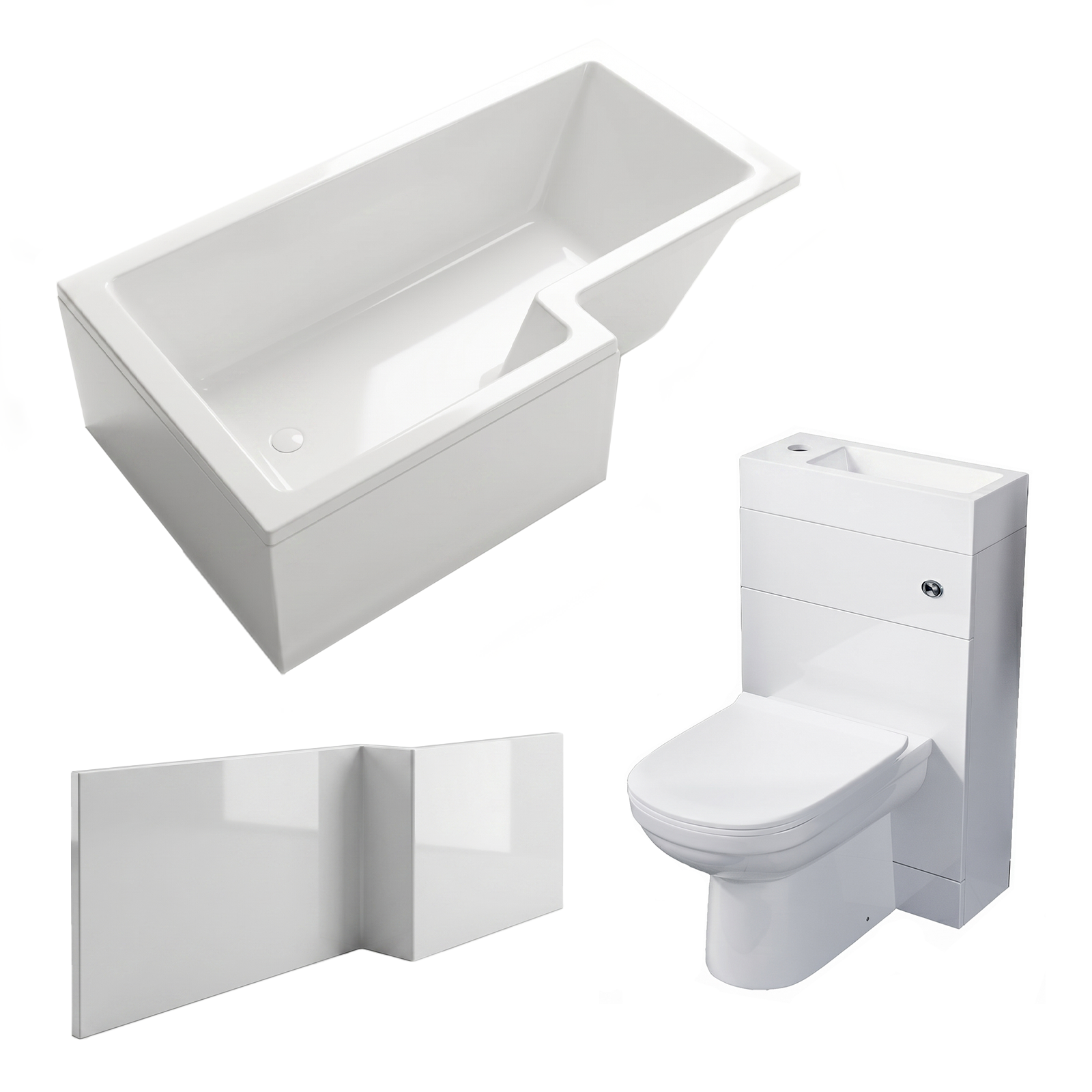 Small Bathroom Suite - Eslo 500mm WC & Basin 2 in 1 Toilet & 1500mm L-Shaped Shower Bath with Front Panel
